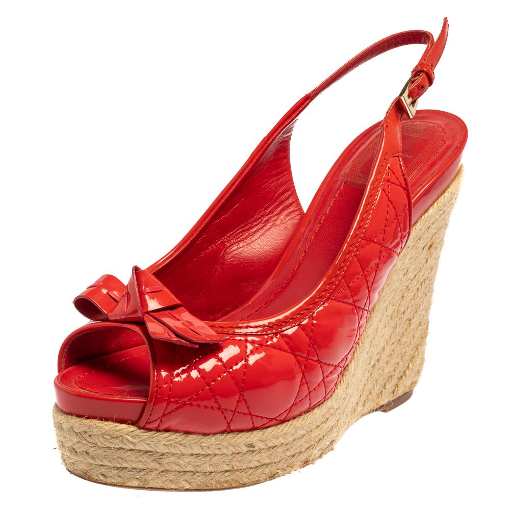 Christian Dior Red Patent Leather Wedge Sandals Size 39
