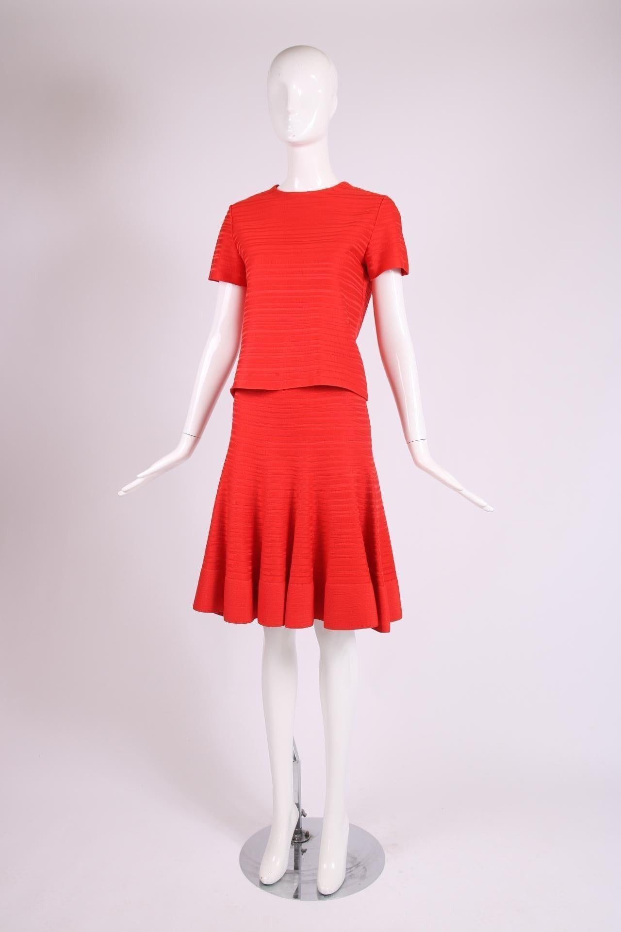 Christian Dior Red Ribbed Crop Top & Skirt Ensemble In Excellent Condition In Studio City, CA