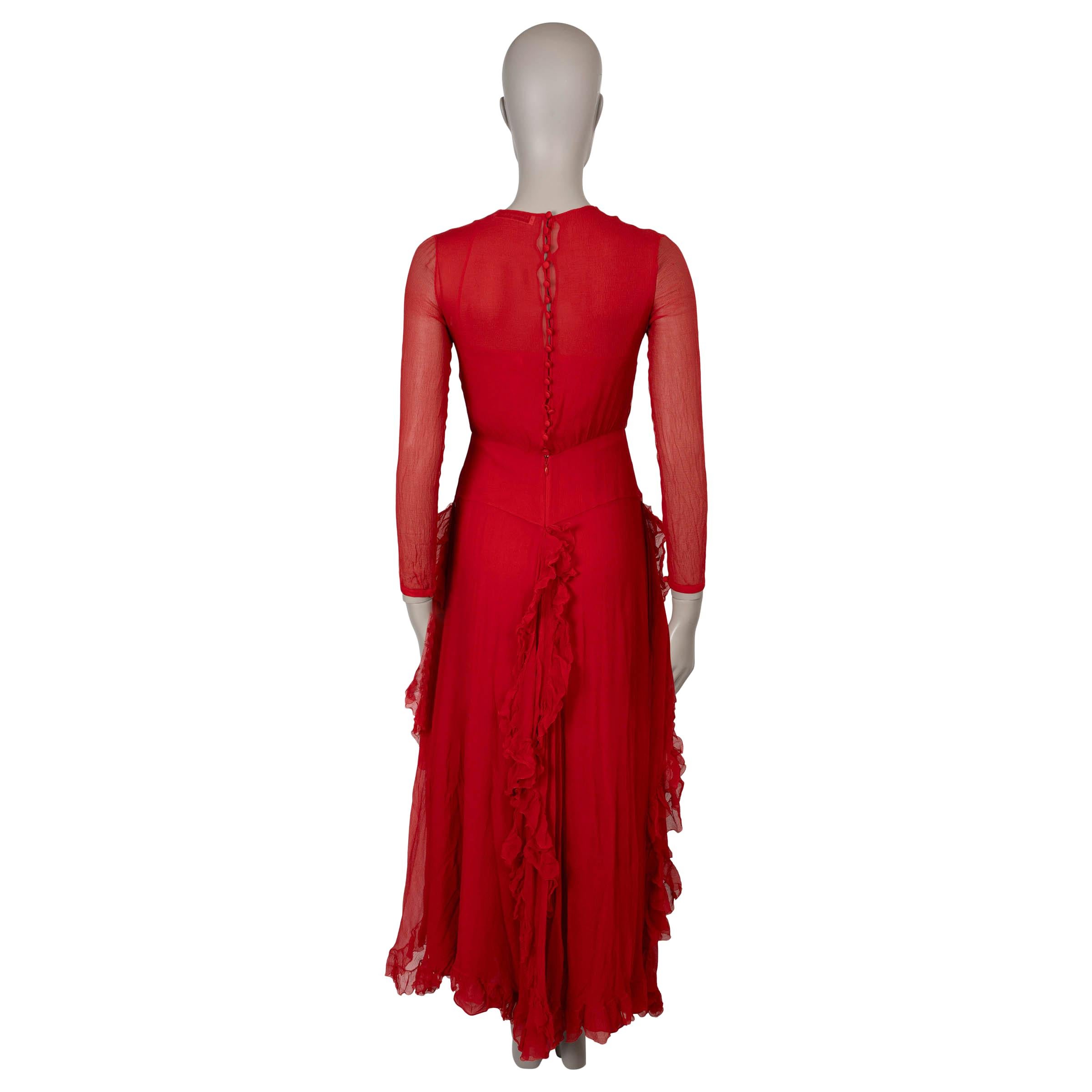 Red CHRISTIAN DIOR red silk 2018 SHEER RUFFLED EVENING GOWN Dress 38 S For Sale