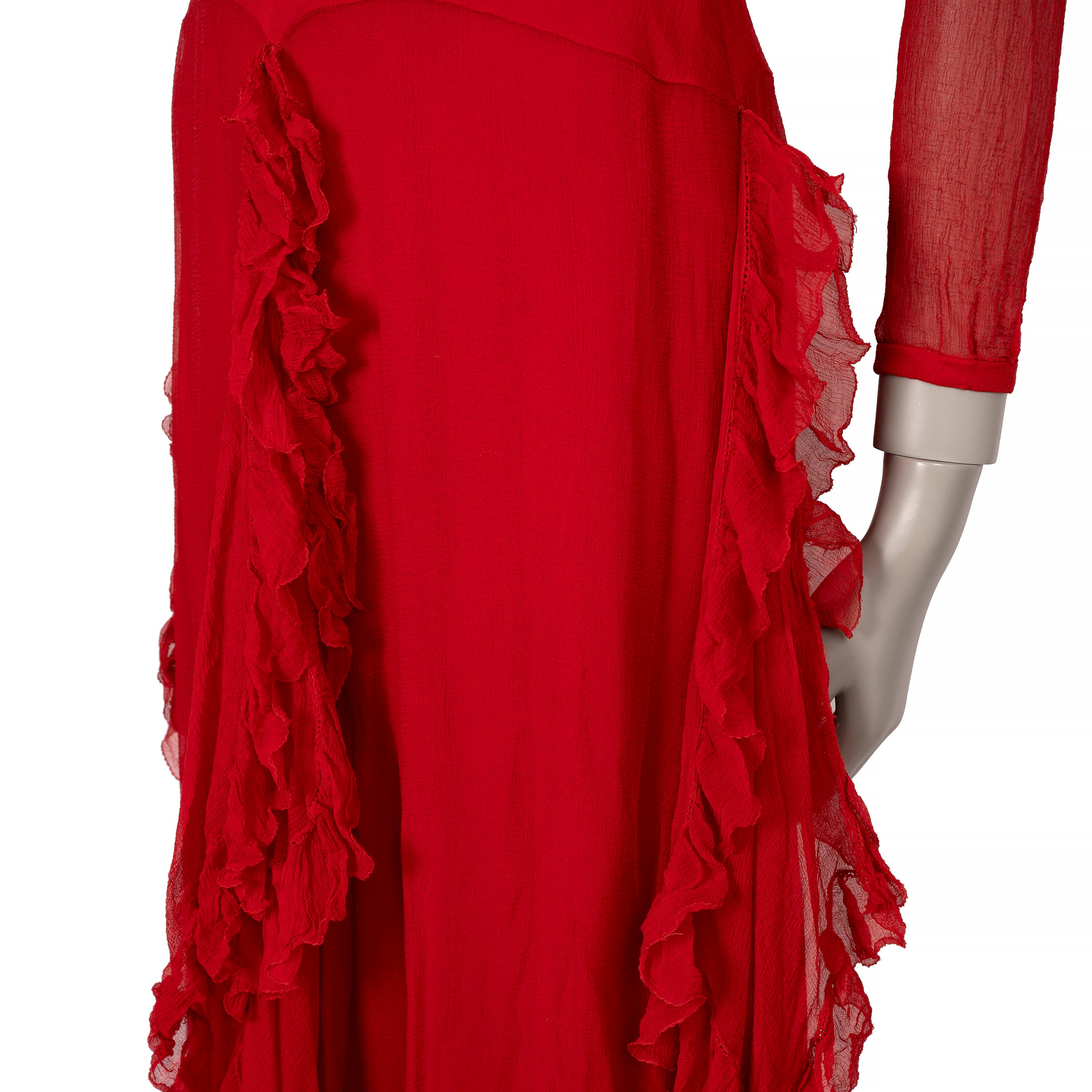 Women's CHRISTIAN DIOR red silk 2018 SHEER RUFFLED EVENING GOWN Dress 38 S For Sale