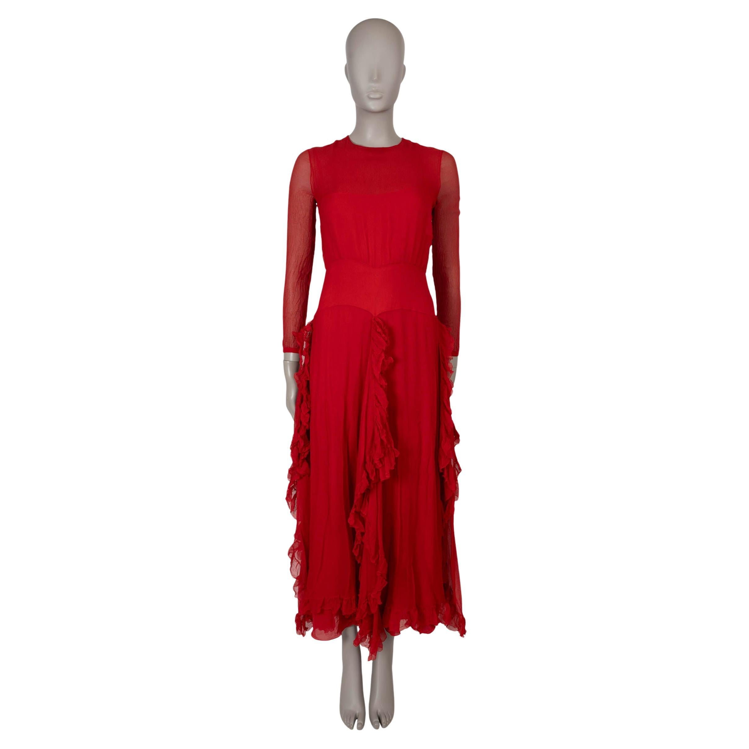 CHRISTIAN DIOR red silk 2018 SHEER RUFFLED EVENING GOWN Dress 38 S For Sale