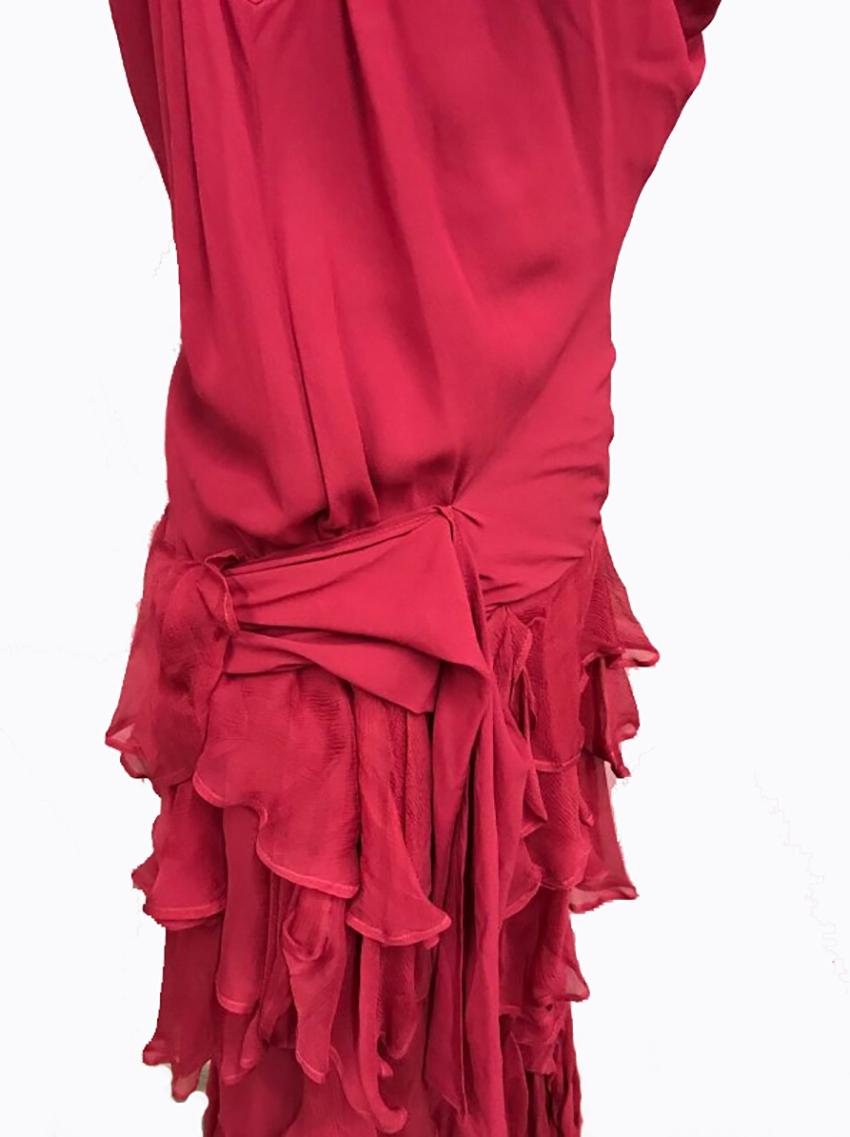 CHRISTIAN DIOR RED SILK RUFFLES GOWN size FR 42  In Excellent Condition In Montgomery, TX