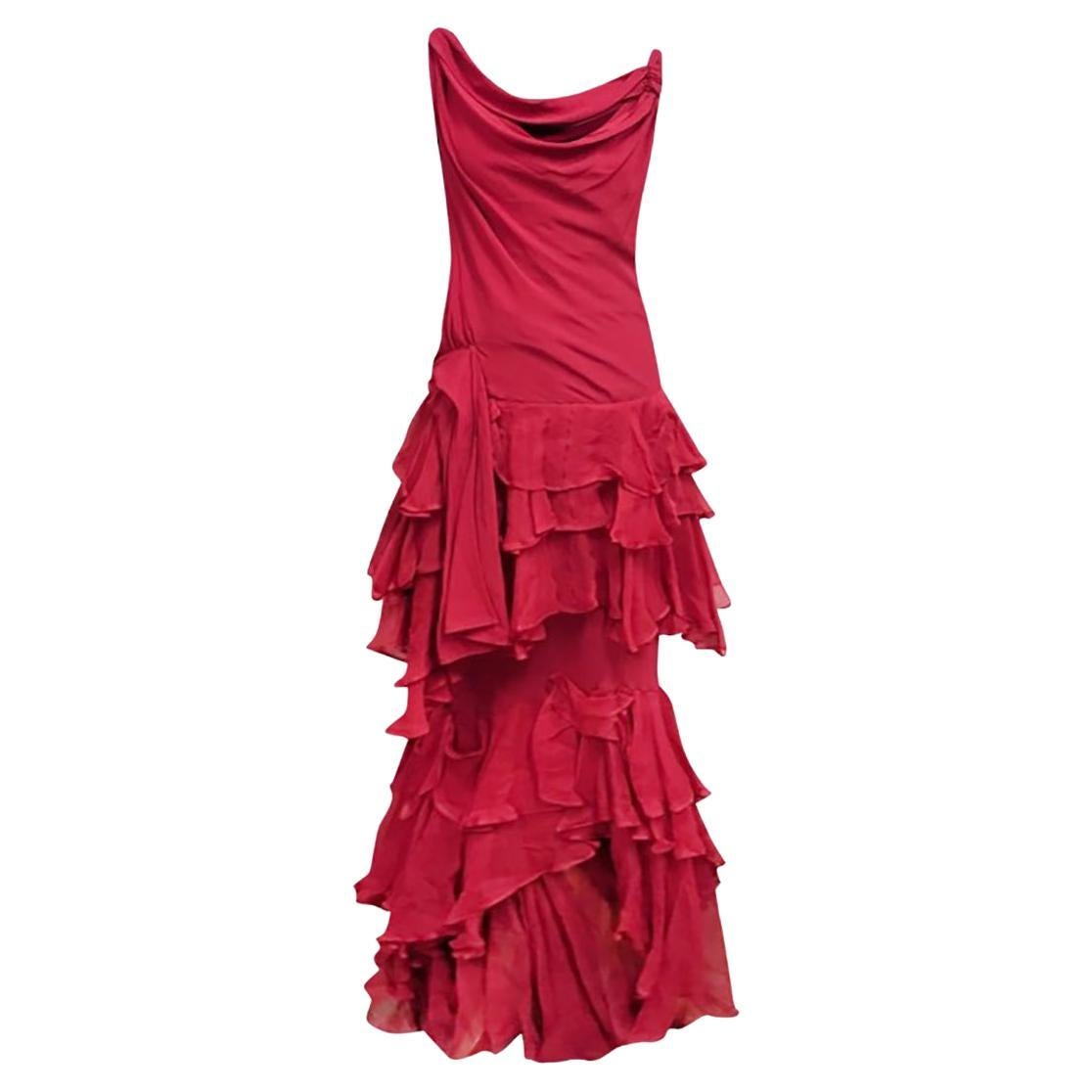 CHRISTIAN DIOR RED SILK RUFFLES GOWN size FR 42 