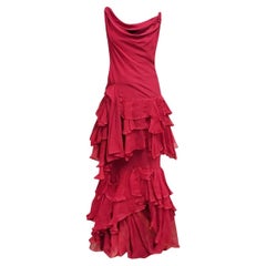 CHRISTIAN DIOR RED SILK RUFFLES GOWN size FR 42 - IT 46