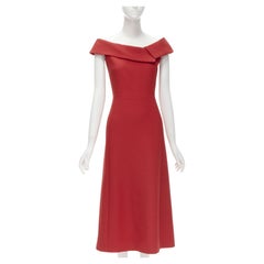 CHRISTIAN DIOR red wool origami off centre foldover collar midi dress FR34 XS