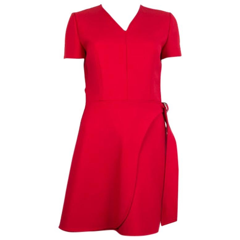 CHRISTIAN DIOR red wool SHORT SLEEVE WRAP Dress 36