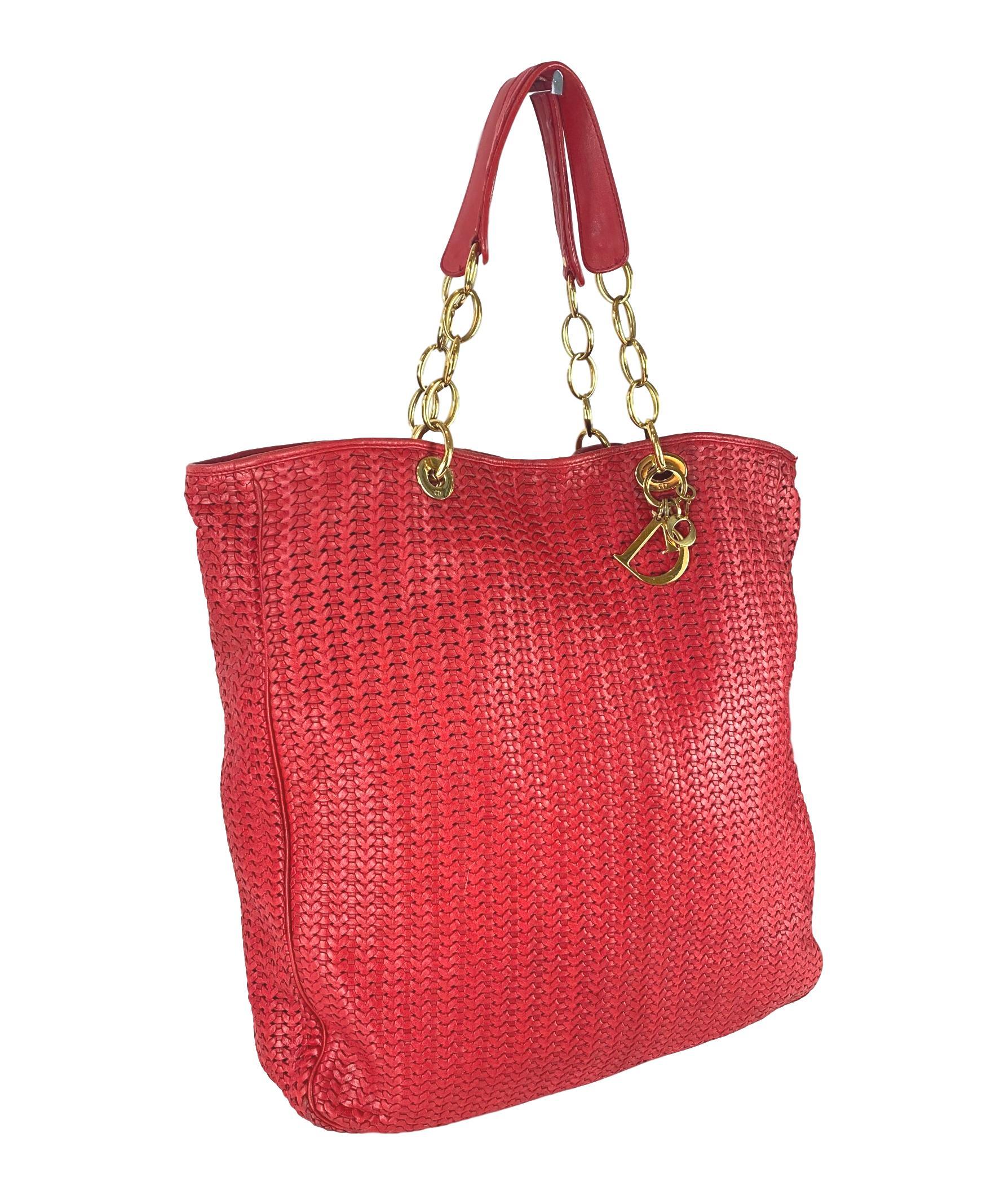 Christian Dior Red Woven Leather Soft Large Tote Bag, Italy 2008. This incredibly stylish and versatile 