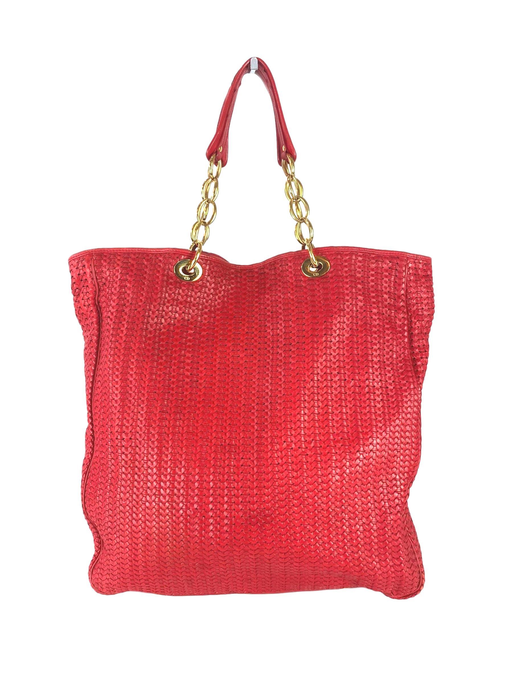 red woven leather bag