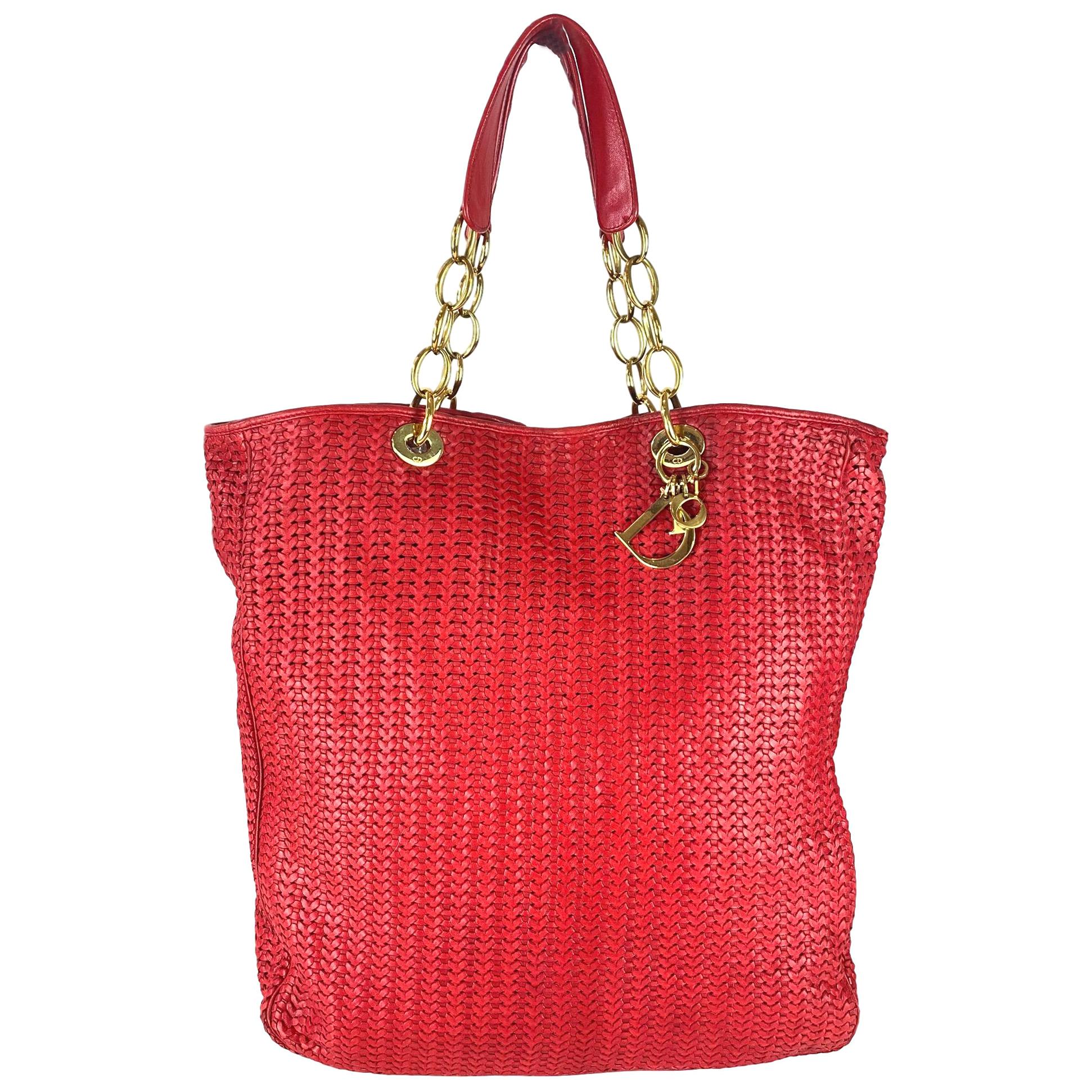 Christian Dior Red Woven Leather Soft Large Tote Bag