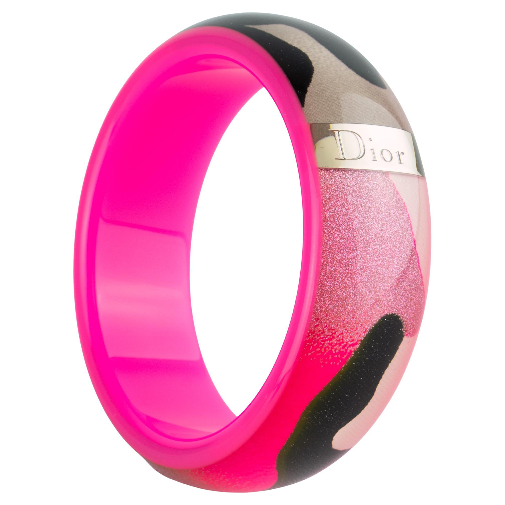 Christian Dior Resin Acrylic Bracelet Bangle Pink and Glitter Abstract Pattern For Sale