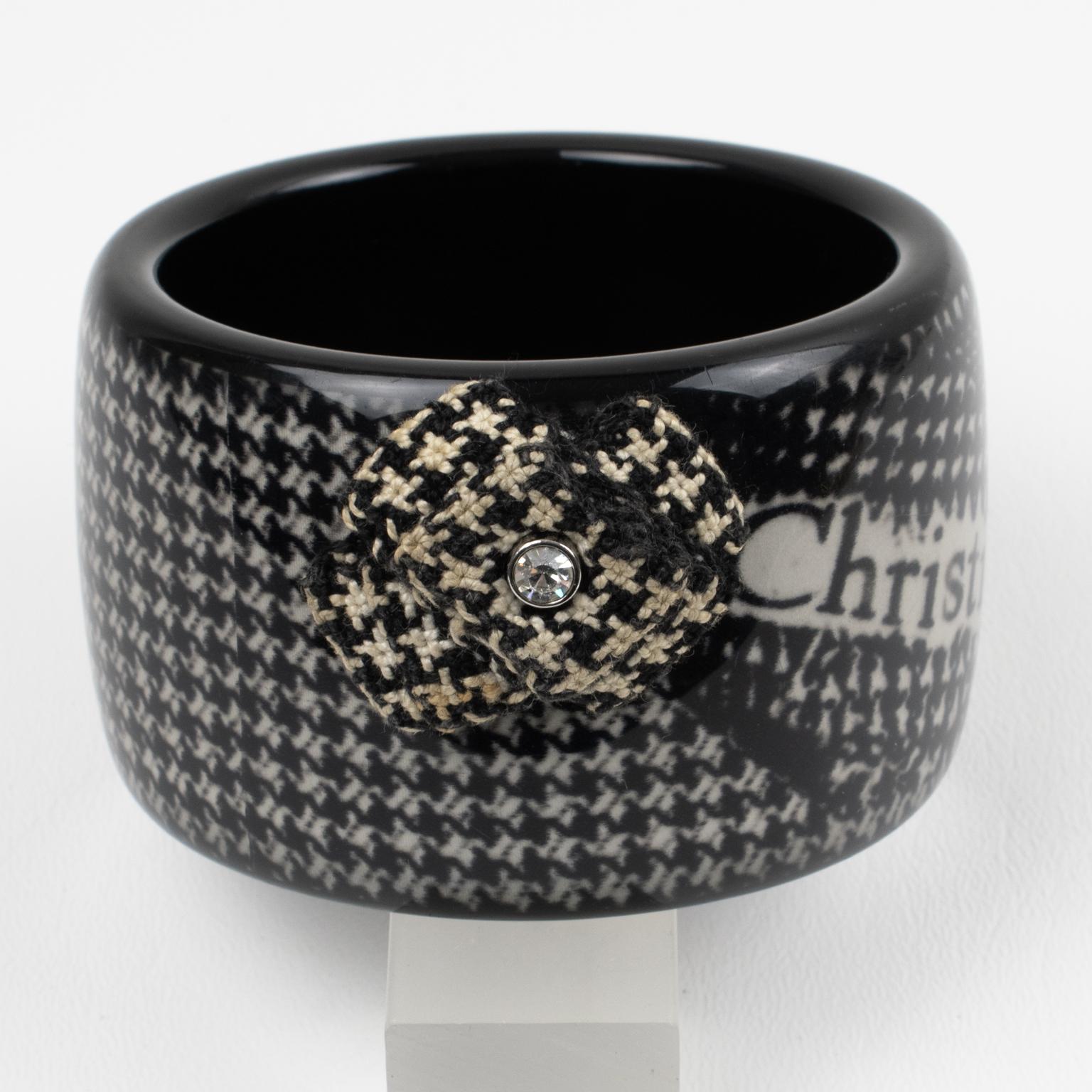 Modern Christian Dior Resin Bracelet Bangle Black and White Pied-de-Poule Fabric Flower For Sale