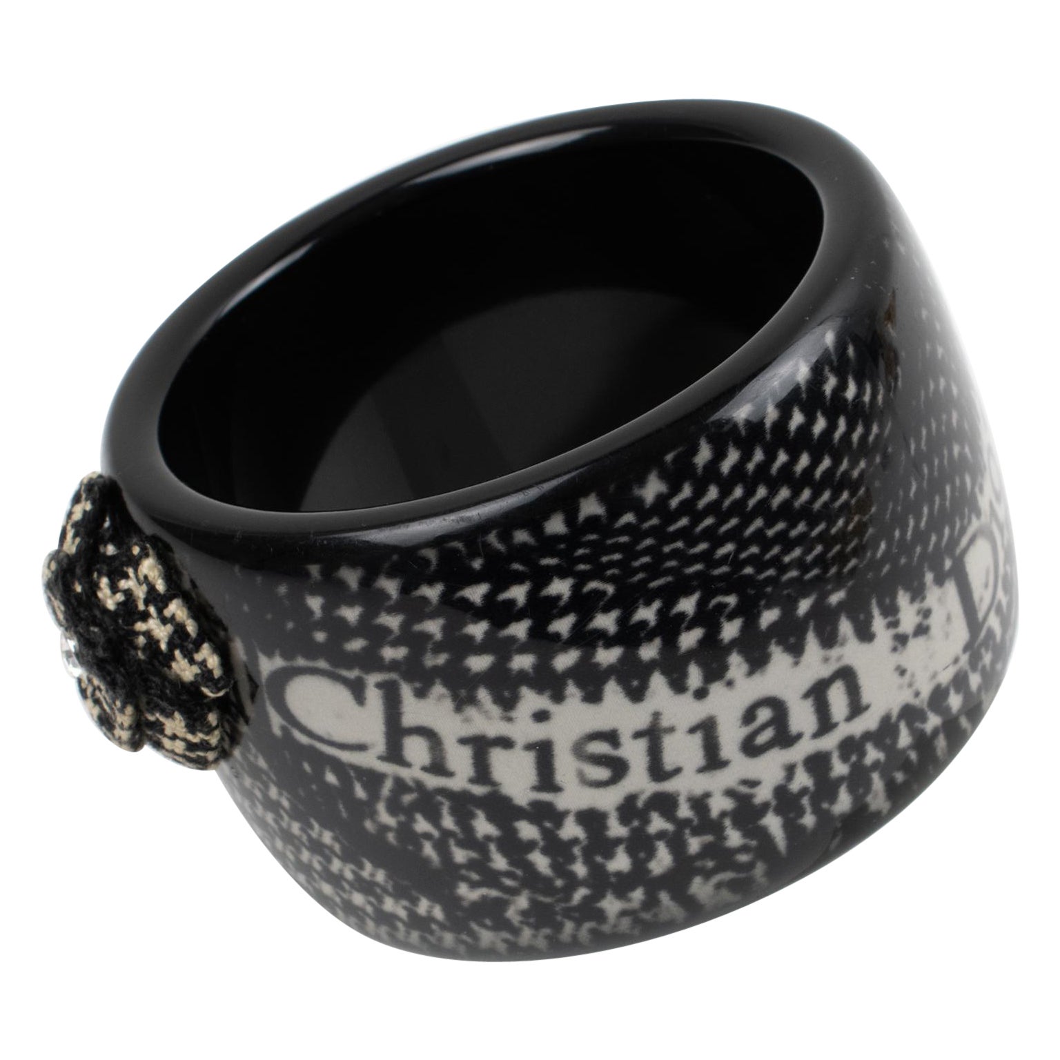 Christian Dior Resin Bracelet Bangle Black and White Pied-de-Poule Fabric Flower For Sale