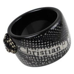 Christian Dior Bracelet Résine Bangle Fleur en tissu Pied-de-Poule noir et blanc