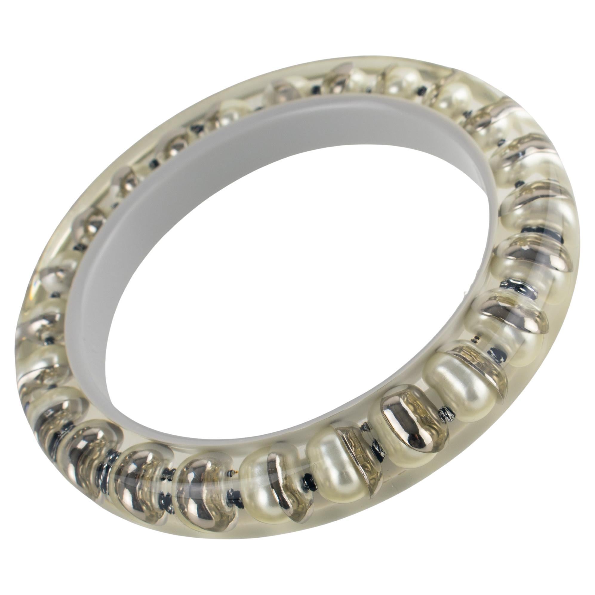 Christian Dior Resin Bracelet Bangle with Pearl and Silvered Metal Inclusions For Sale