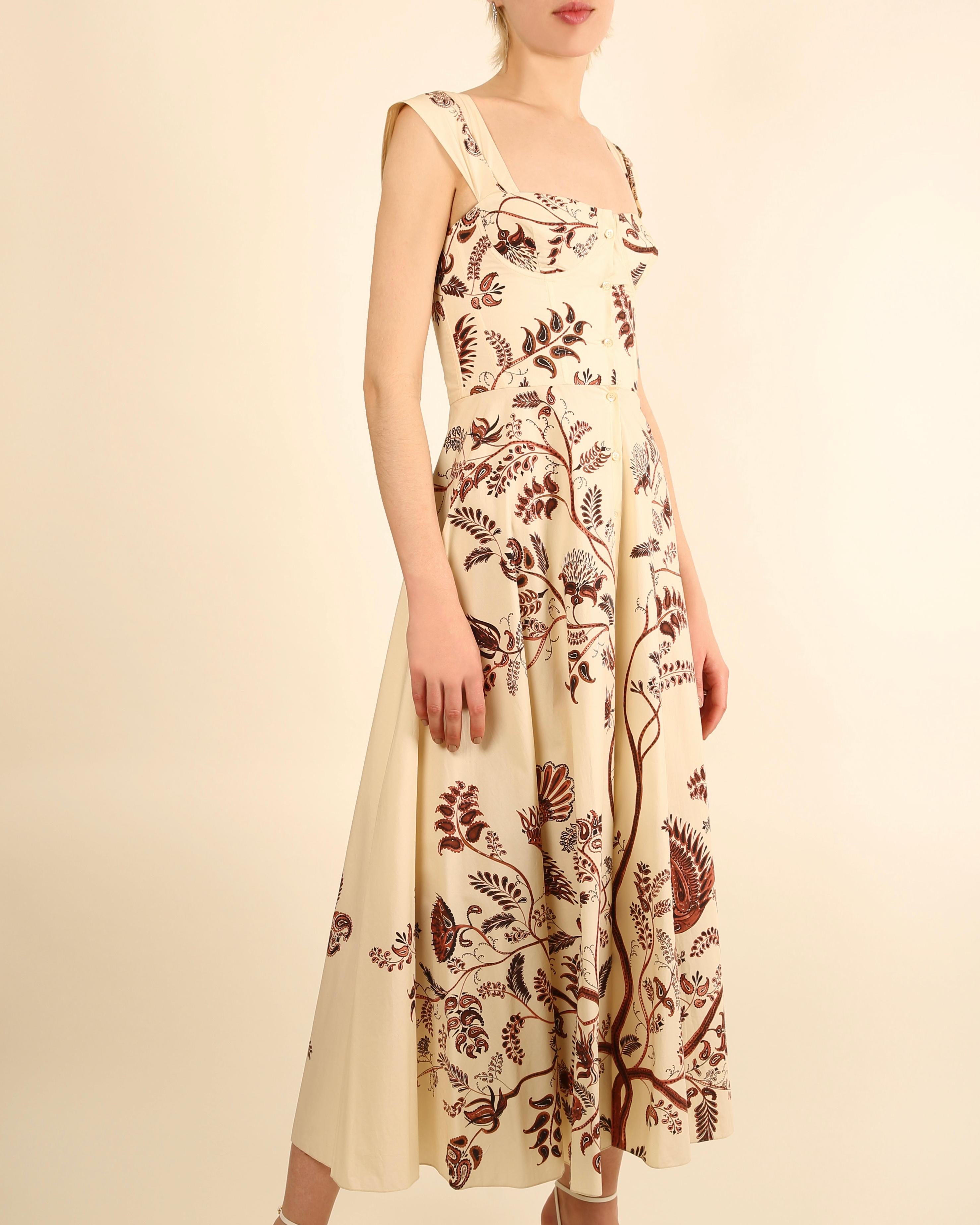 Brown Christian Dior Resort 2018 brown cream floral print corset bustier midi dress  For Sale