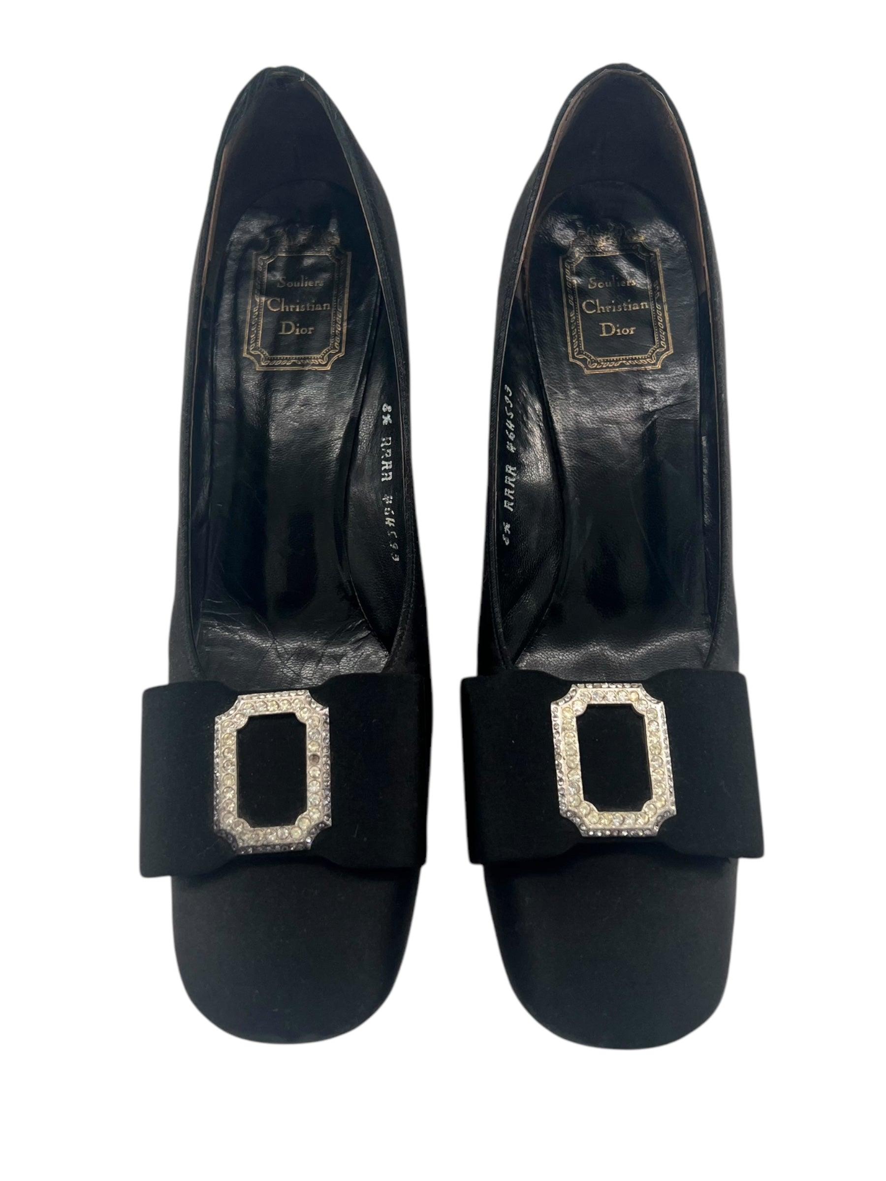 Women's Christian Dior Rhinestone Bow Black Satin Pumps, 1960s For Sale
