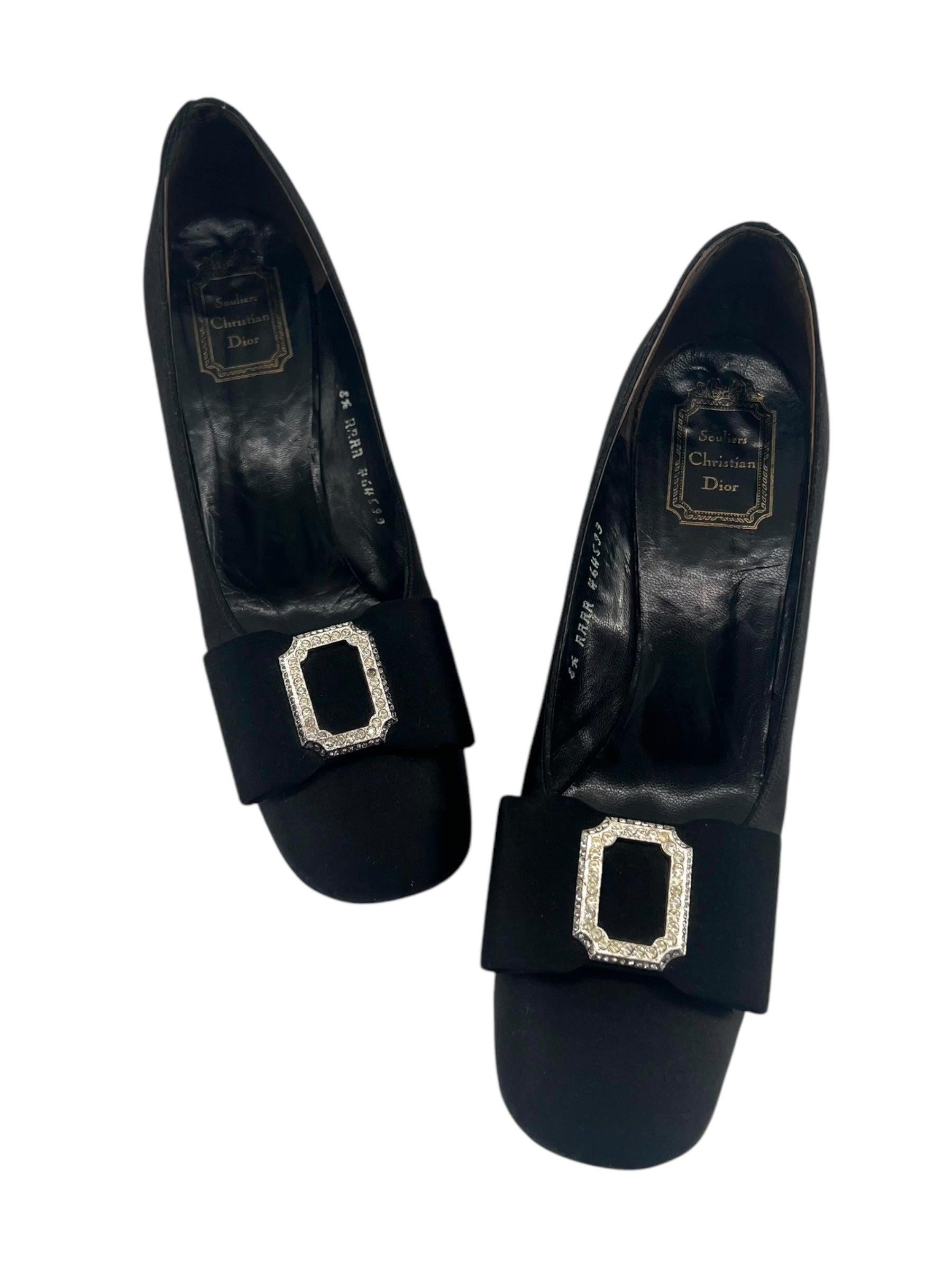 Christian Dior Rhinestone Bow Black Satin Pumps, 1960s For Sale