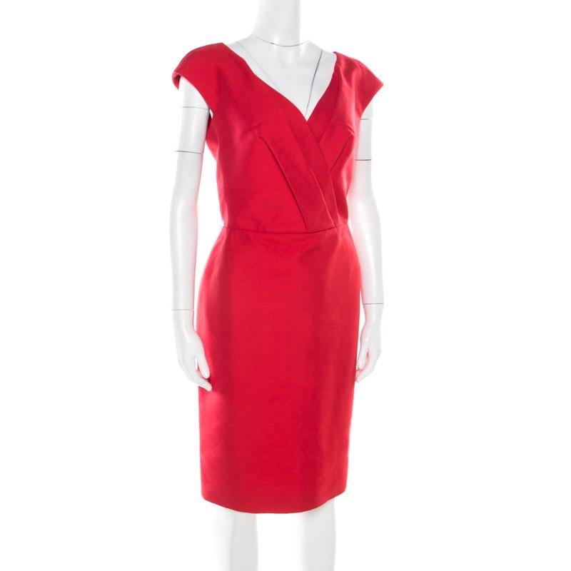Christian Dior Rouge Red Cotton Silk Pleated Bodice Sleeveless Sheath Dress L In Good Condition In Dubai, Al Qouz 2