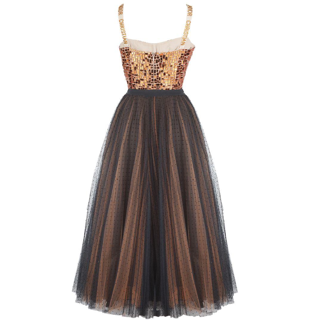 Black Christian Dior Runway Copper Mirrored Romper and Maxi Skirt Spring 2018 Sz 34FR For Sale