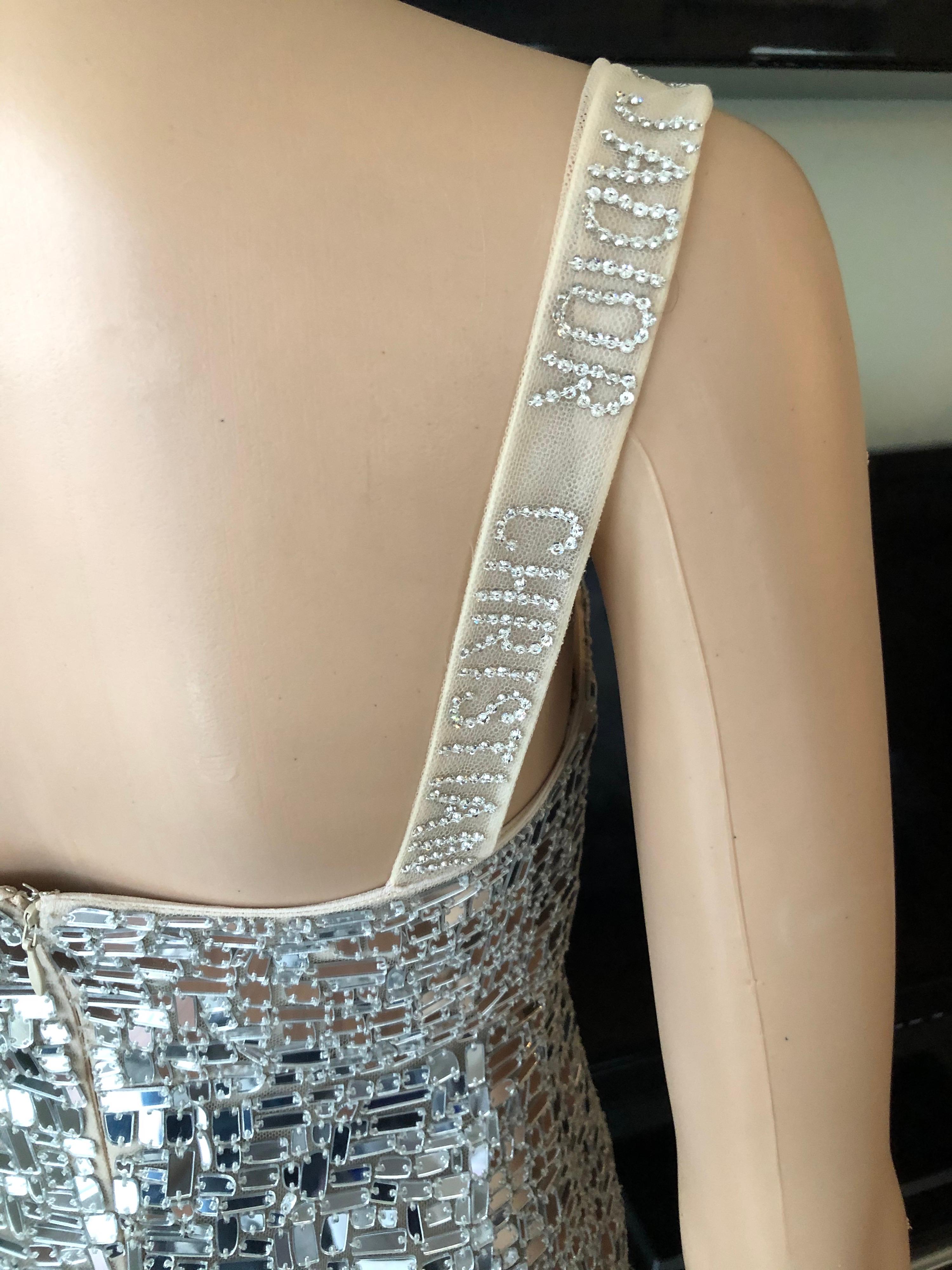 Christian Dior Runway Embellished Logo Silver Mini Dress In Good Condition In Naples, FL