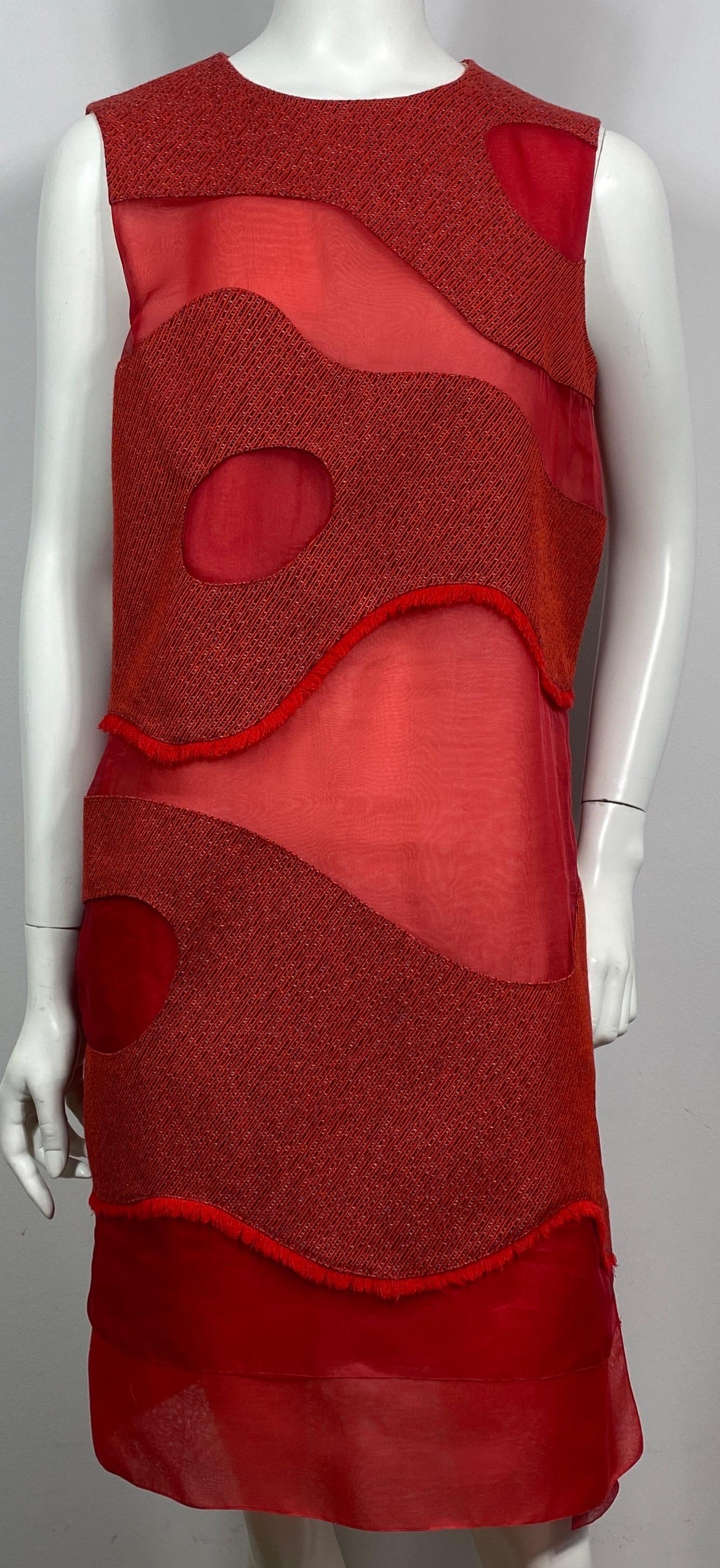Christian Dior Runway Fall 2015 Red Multi Layer Silk Shift Dress - US Size 8  This spectacular Dior creation is made of 4 layers of silk organza in two different colors (1st two are a light blush color with the next 2 being a bright red silk