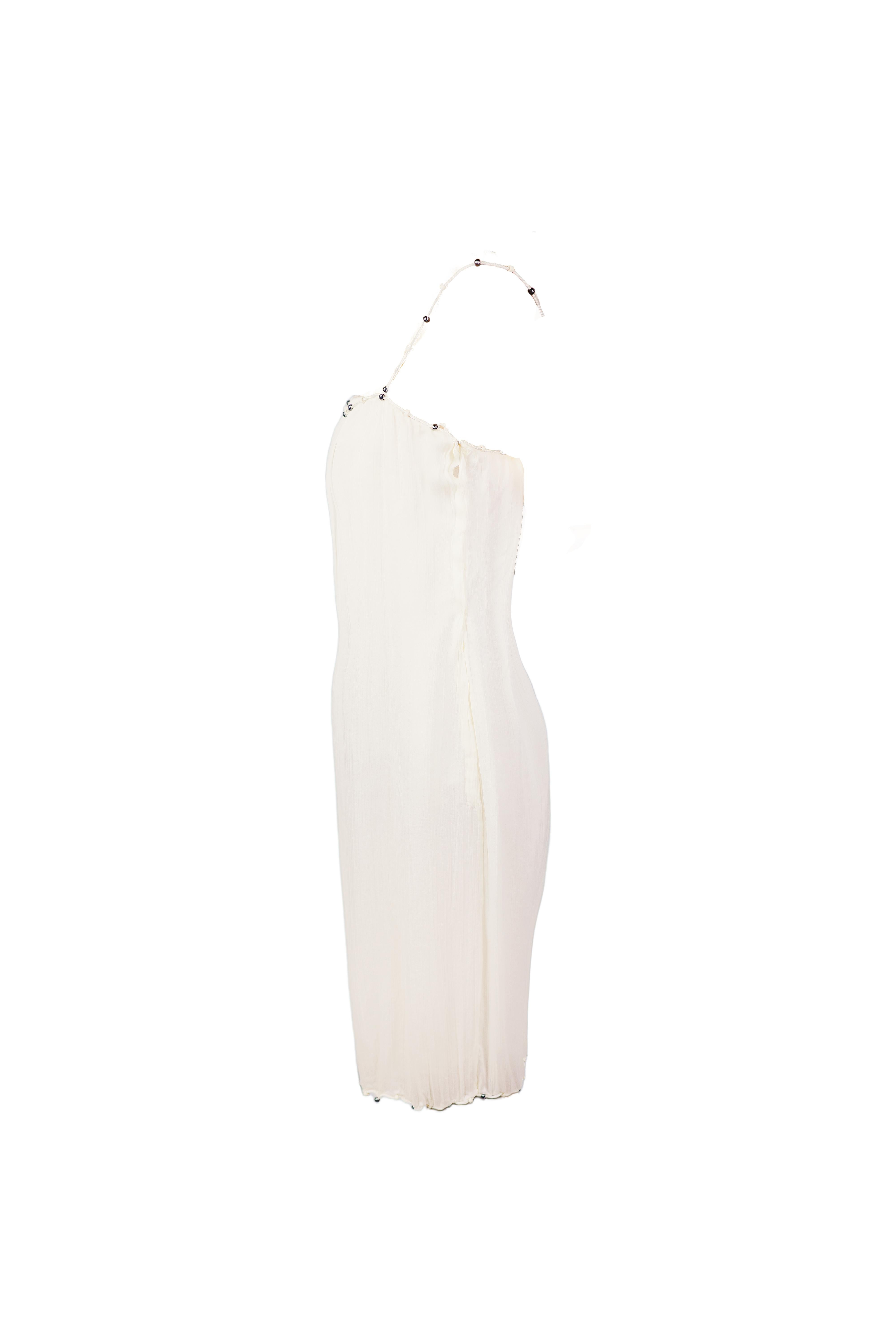 Donna CHRISTIAN DIOR S/s 1999 - Vestito midi a pieghe in seta avorio con cinturino e perline sul collo in vendita