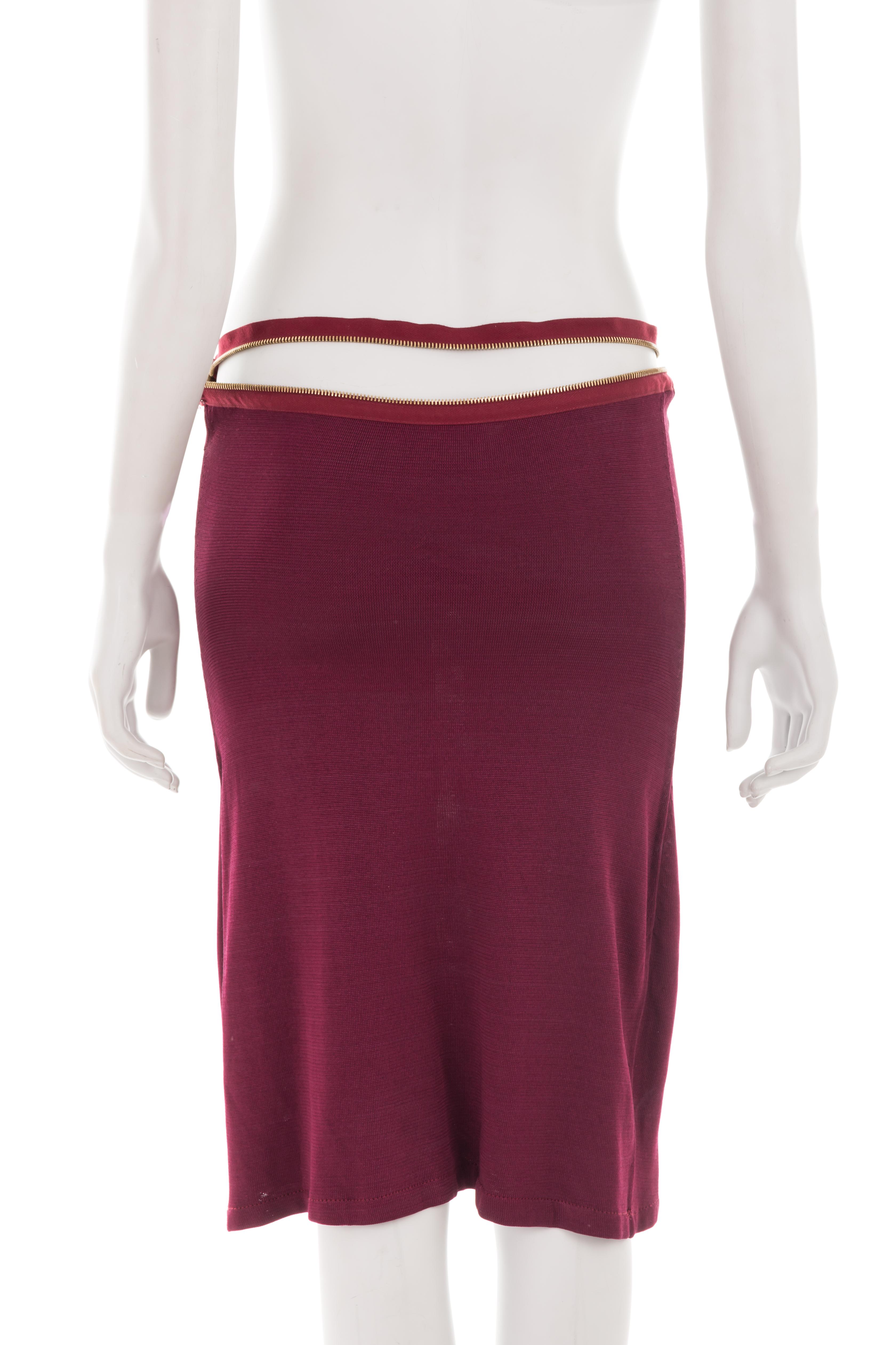 Brown Christian Dior S/S 2001 burgundy midi skirt with asymmetric logo zippers For Sale