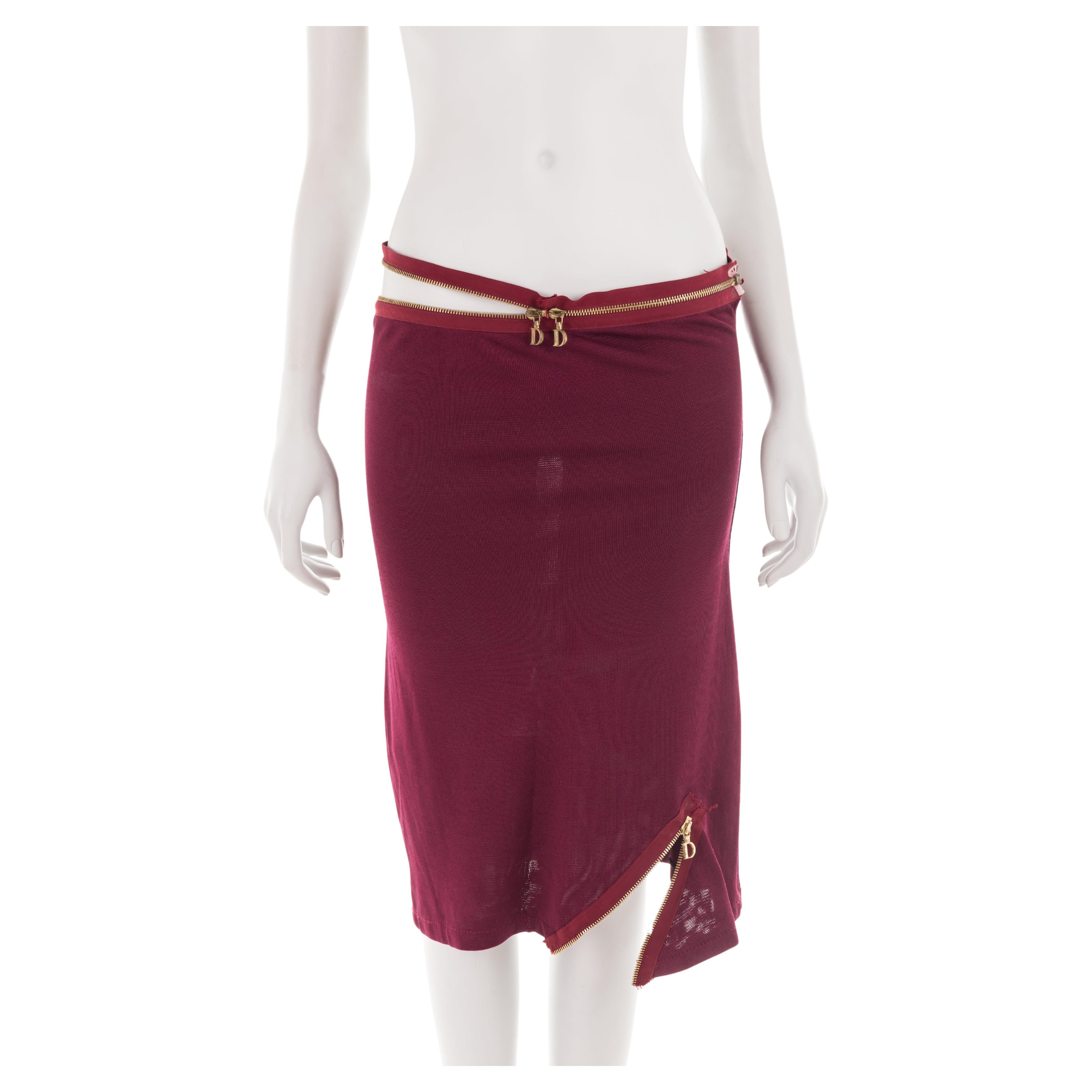 Christian Dior S/S 2001 burgundy midi skirt with asymmetric logo zippers For Sale