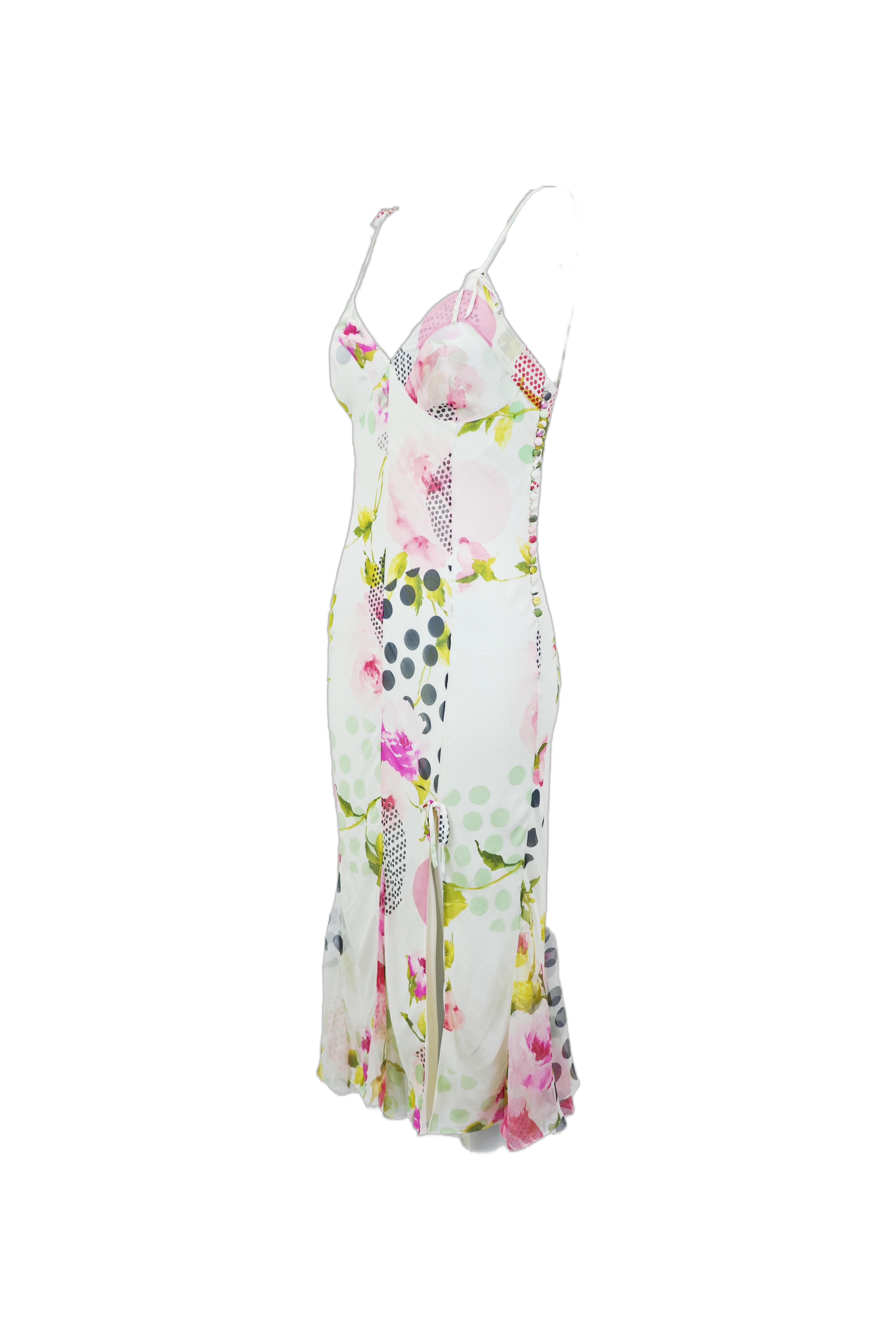 CHRISTIAN DIOR S/s 2004 Vestido midi de tirantes con estampado floral y lunares Gris en venta