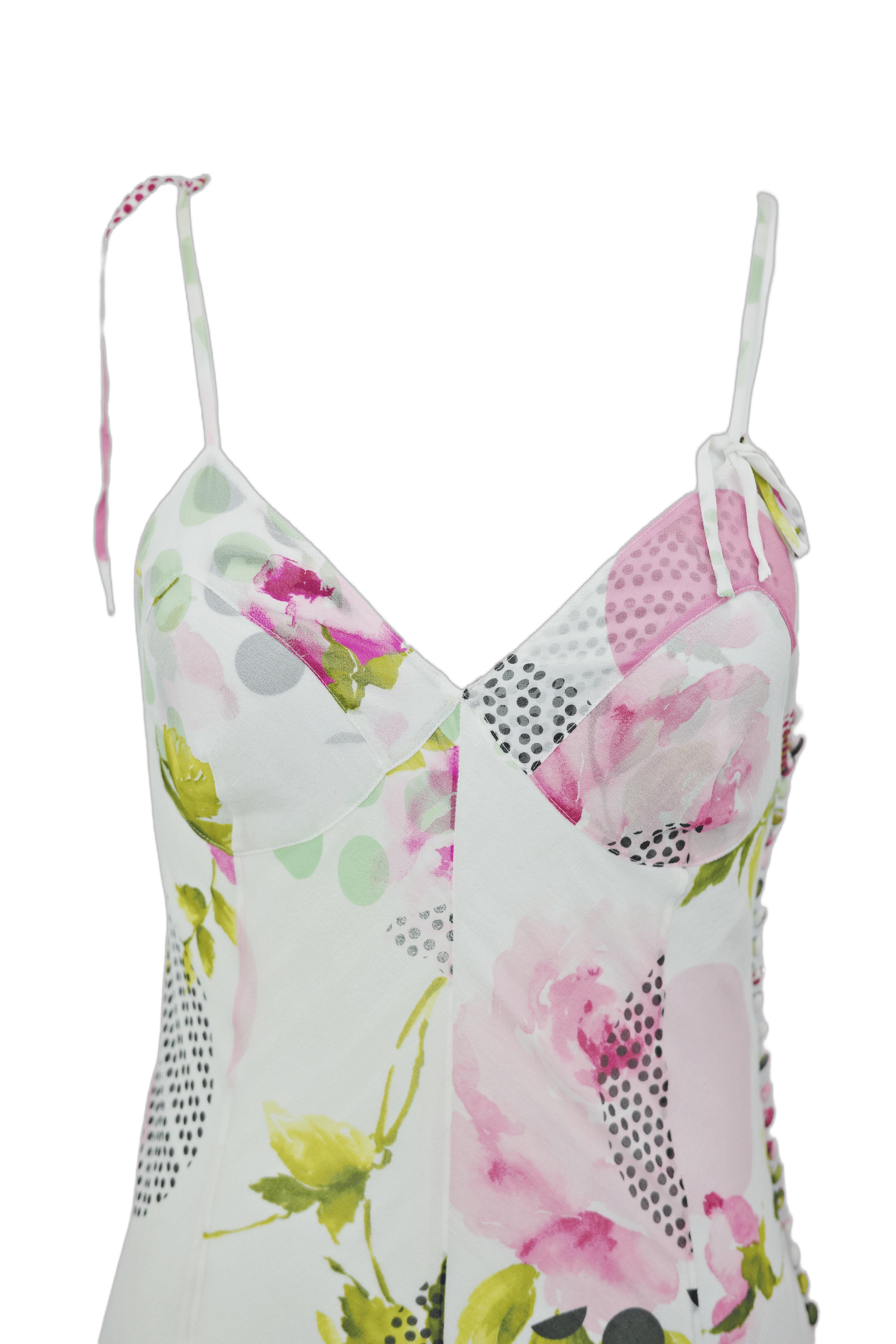 CHRISTIAN DIOR S/s 2004 Vestido midi de tirantes con estampado floral y lunares en venta 1