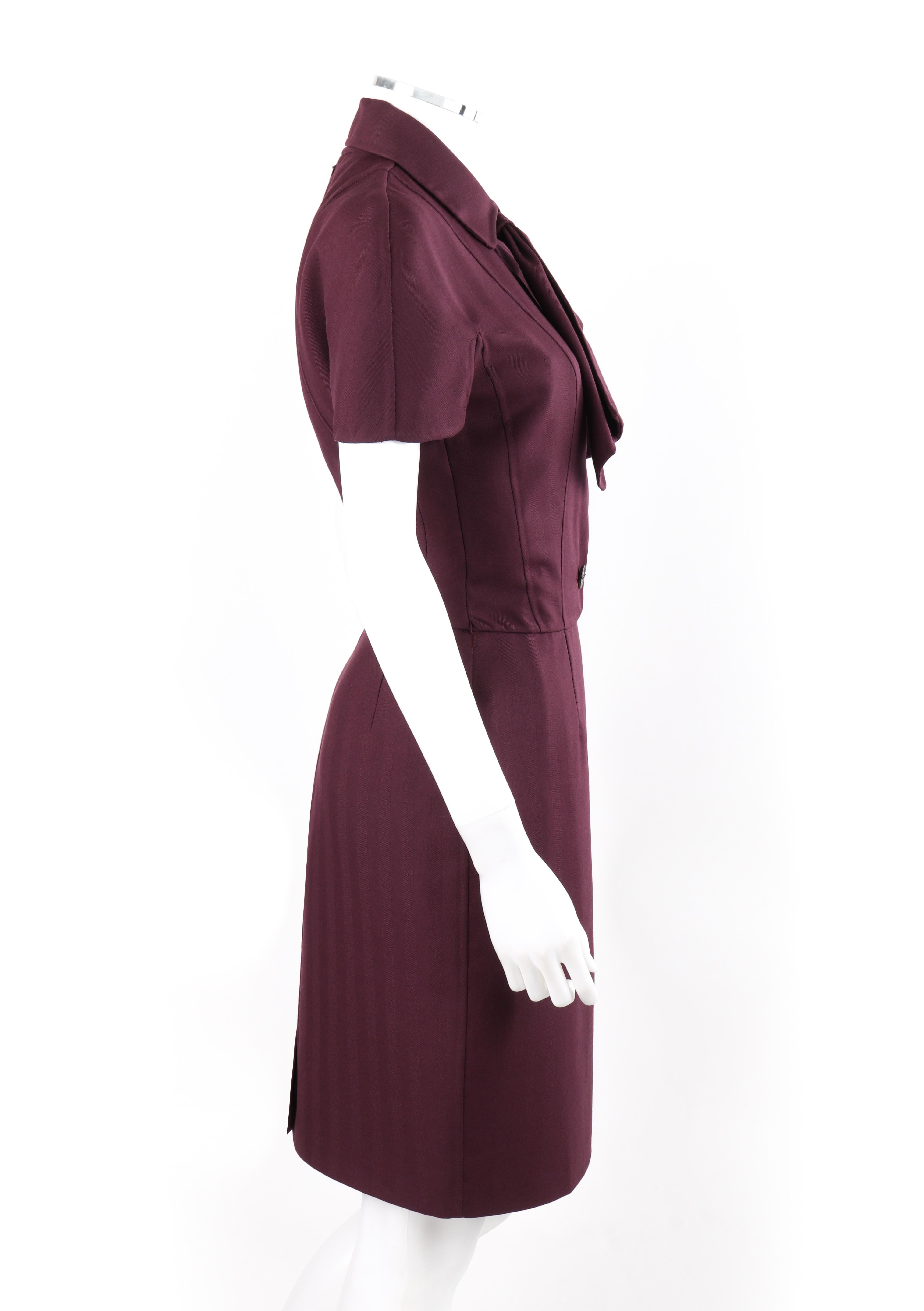 CHRISTIAN DIOR S/S 2006 JOHN GALLIANO Burgundy Button Front Ruffle Lapel Dress  In Excellent Condition In Thiensville, WI