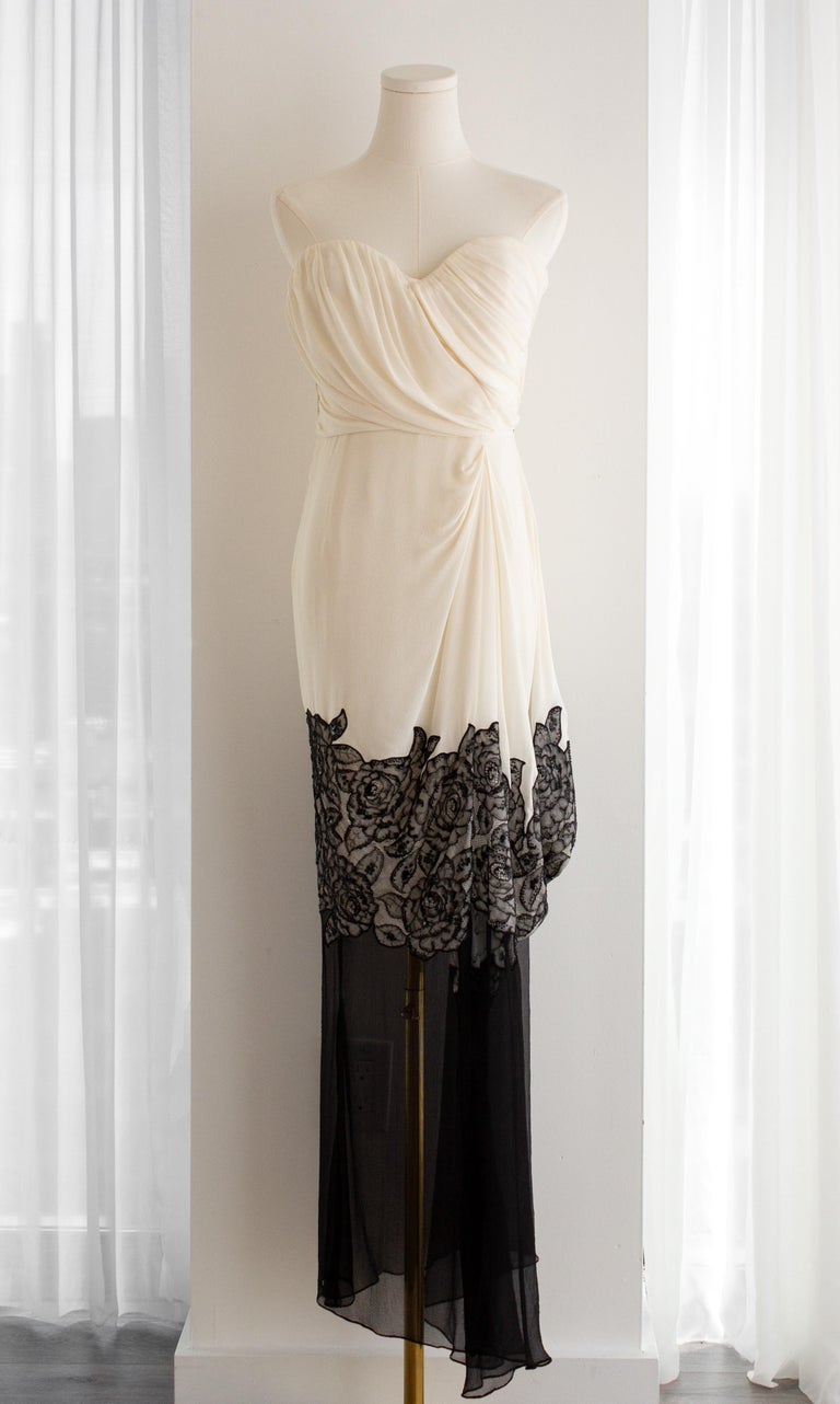 white dress with black roses Black and White Floral Wedding Dress with Long Puff Sleeves, 3D Flower –  Viniodress main image 1