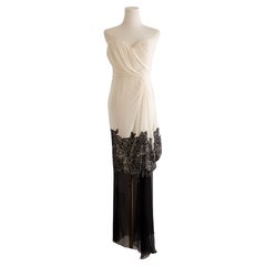Christian Dior S/S 2012 White Black Rose Embroidered Ruched Evening Dress Gown