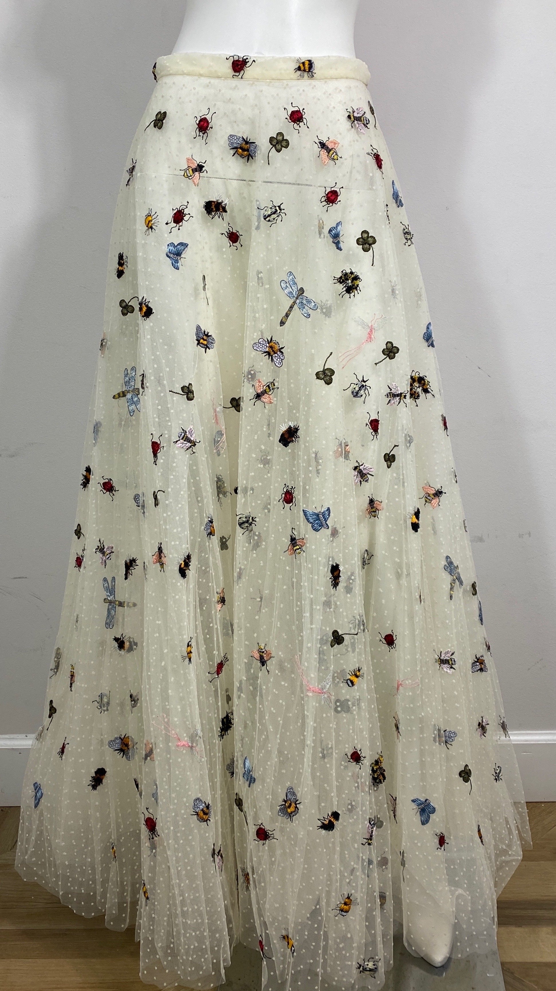Christian Dior S/S 2017 Runway “Beautiful Bugs” Ivory Sheer and Tulle Maxi Skirt-Size 6  This never used runway tulle embroidered maxi skirt was look 54 of the Spring/Summer 2017 Christian Dior Paris Fashion Week Show. This also was Dior - Maria