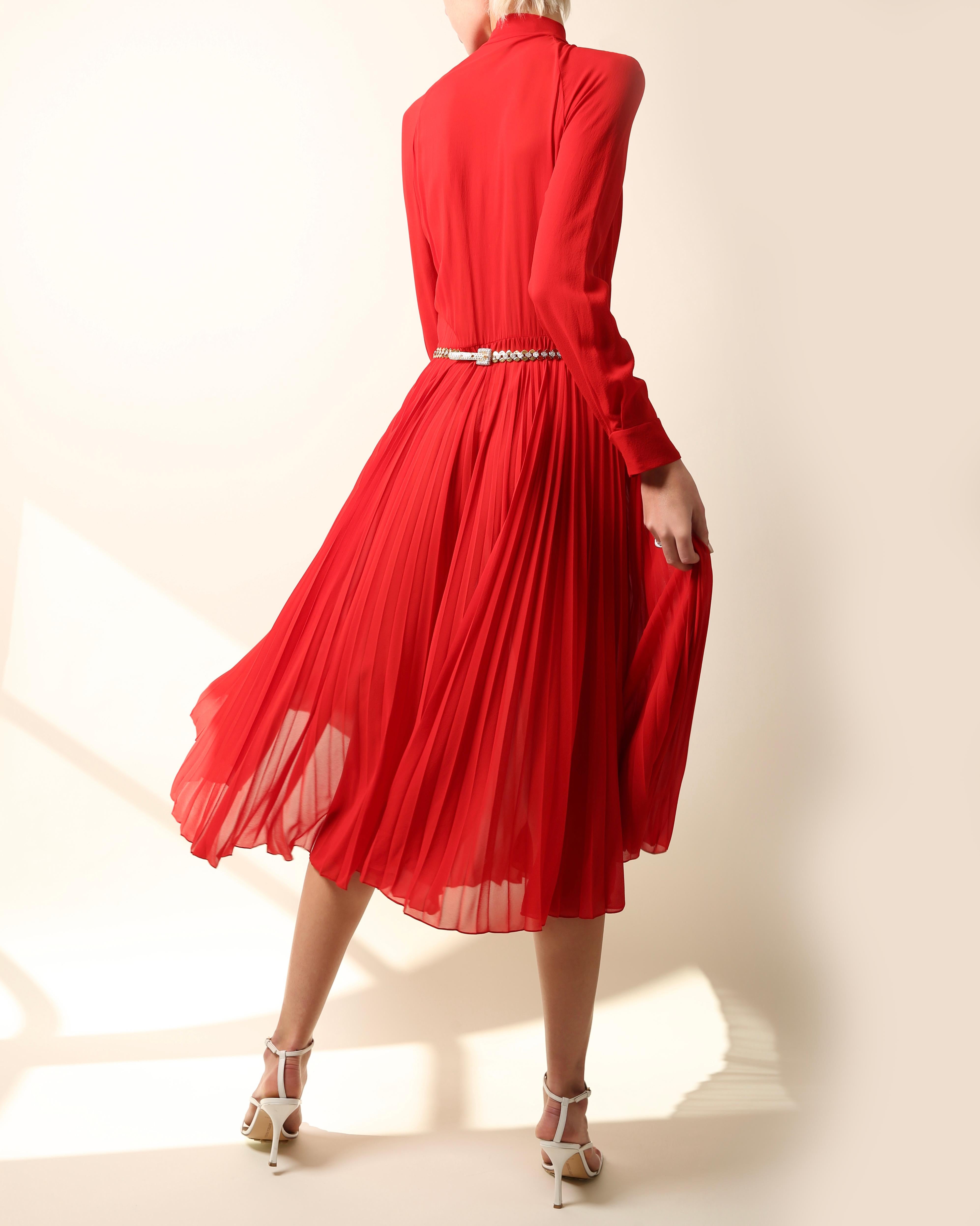 Christian Dior S/S 2018 red silk plisse low cut pussy bow midi dress FR 40 For Sale 10