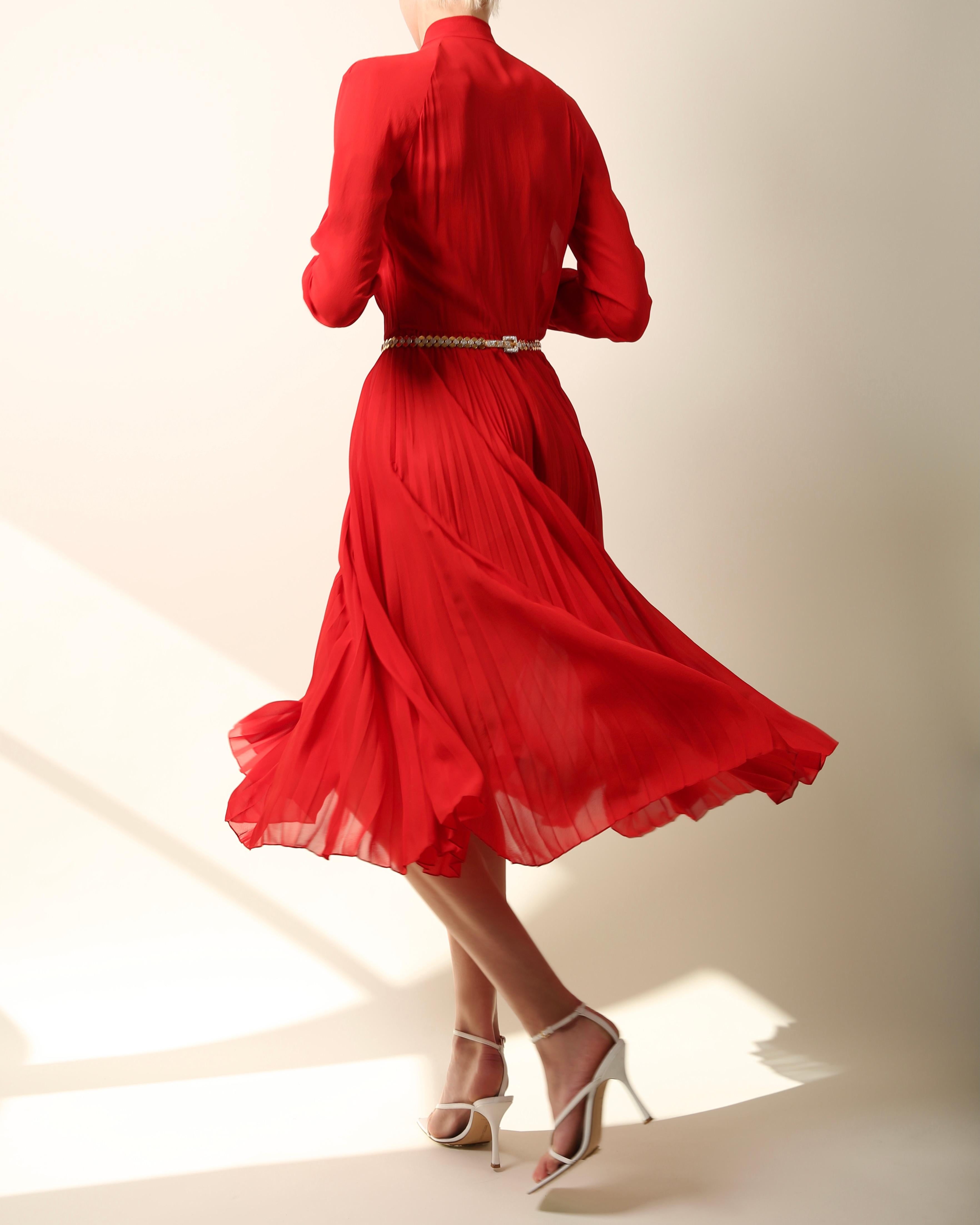Christian Dior S/S 2018 red silk plisse low cut pussy bow midi dress FR 40 For Sale 11
