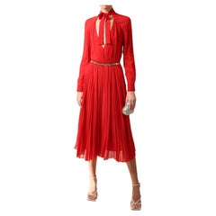 Christian Dior S/S 2018 red silk plisse low cut pussy bow midi dress FR 40
