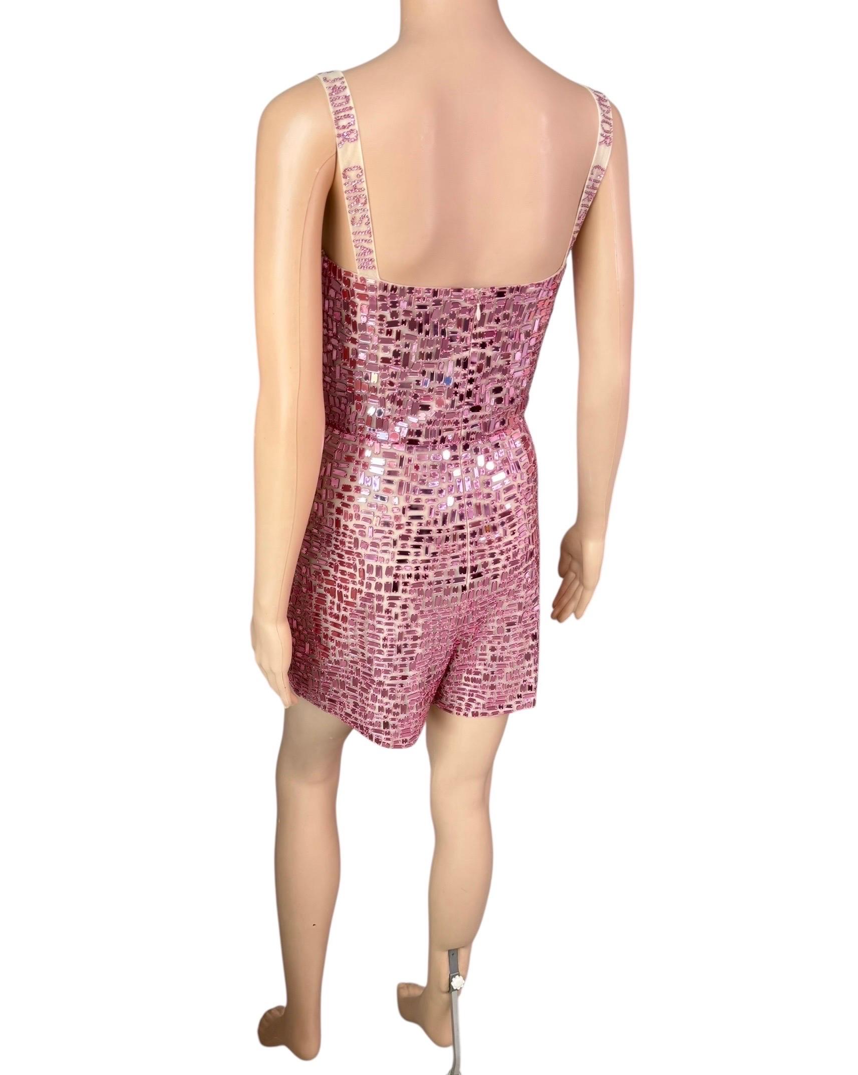 Christian Dior S/S 2018 Runway Embellished Mirror Logo Pink Jumpsuit Romper For Sale 5