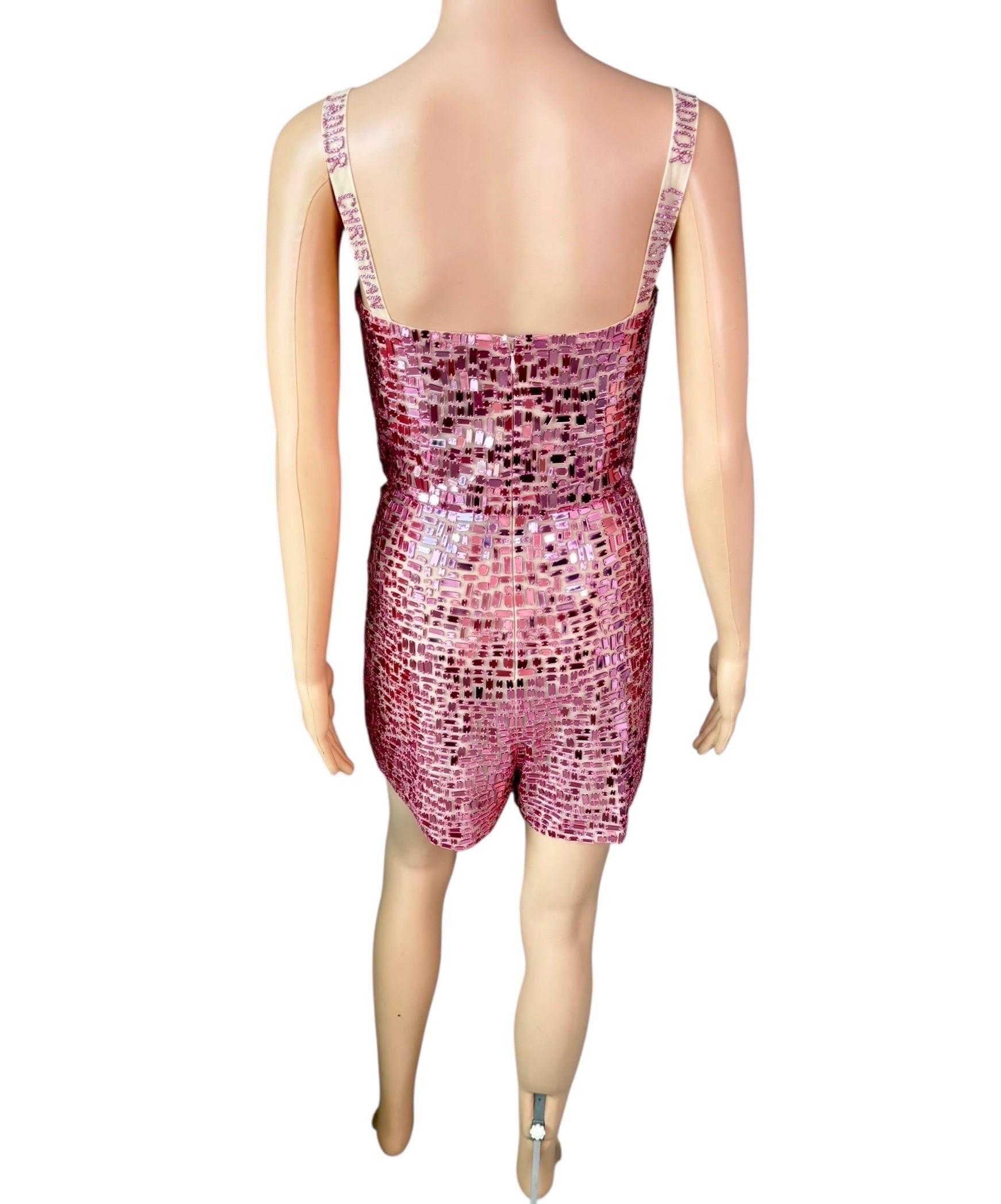 Christian Dior S/S 2018 Runway Embellished Mirror Logo Pink Jumpsuit Romper For Sale 7