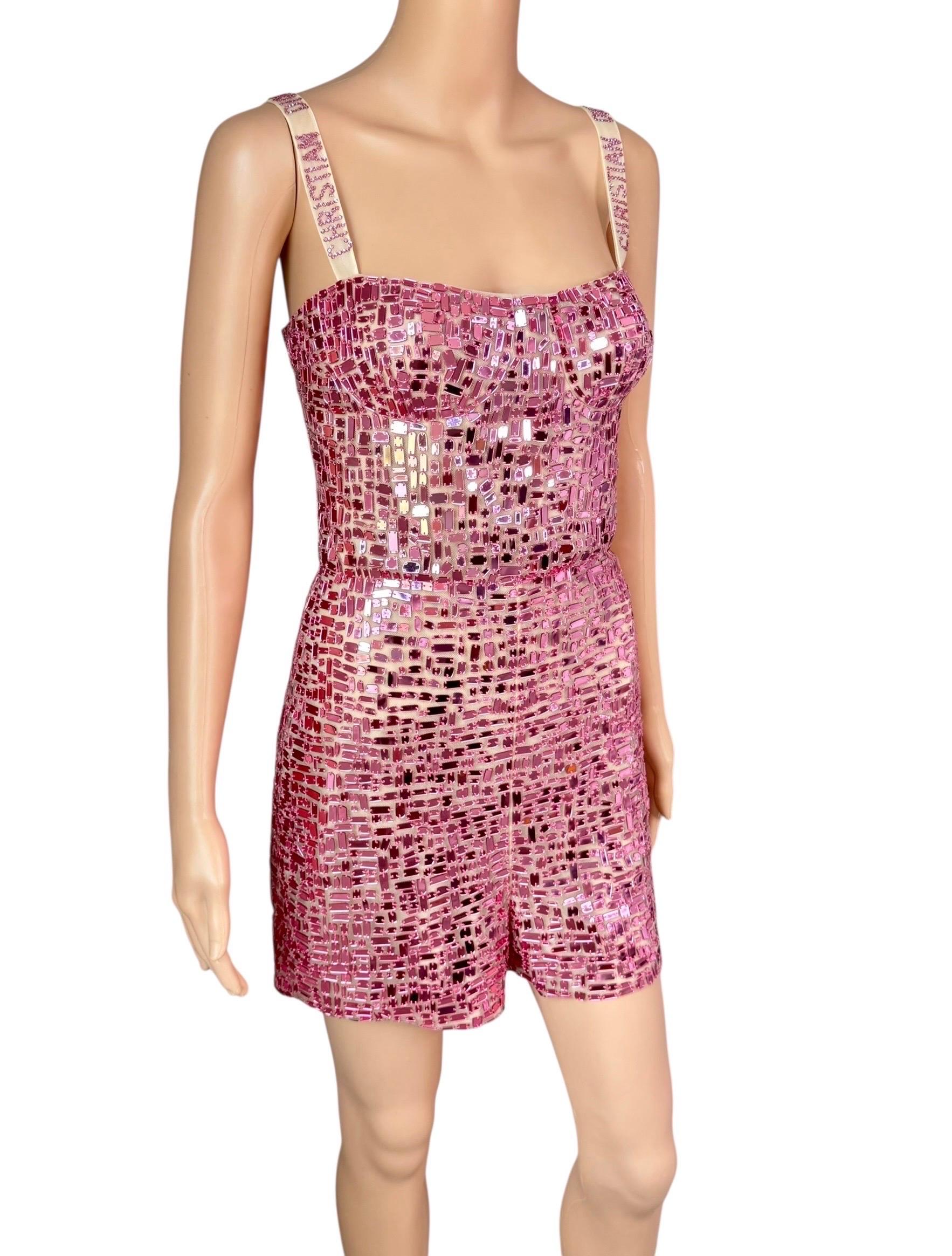 Brown Christian Dior S/S 2018 Runway Embellished Mirror Logo Pink Jumpsuit Romper For Sale