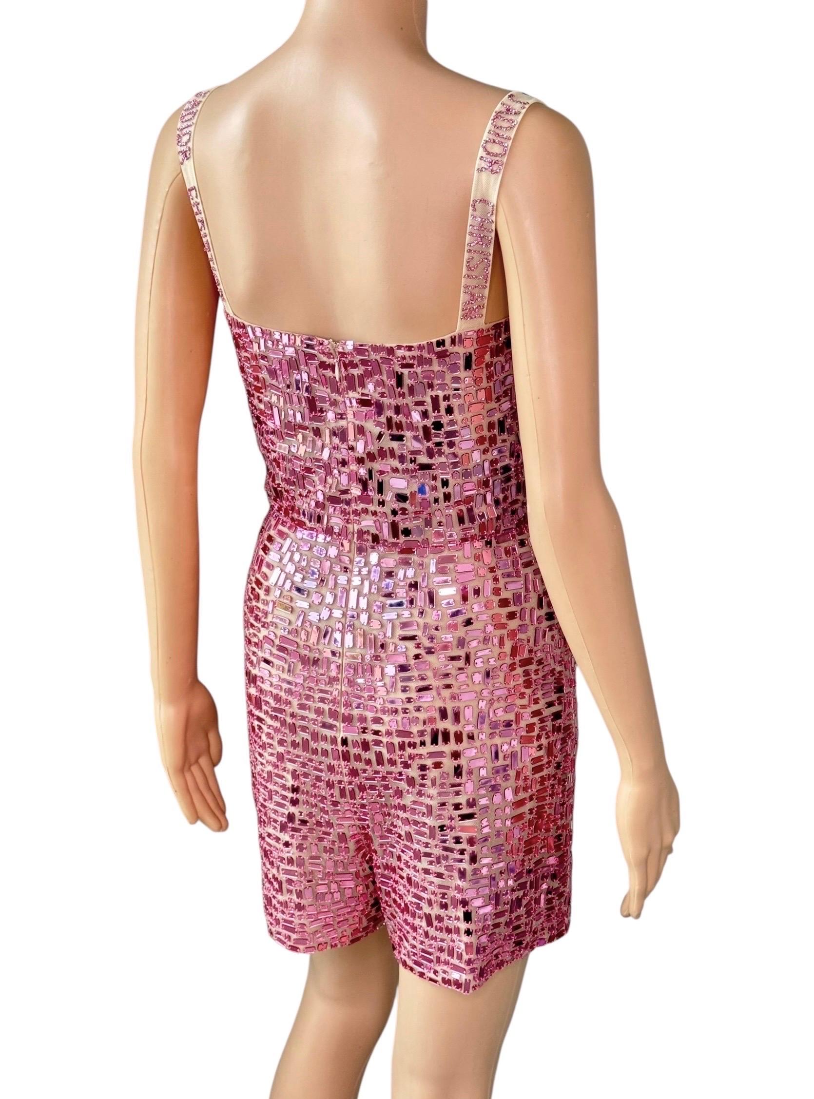 Christian Dior S/S 2018 Runway Embellished Mirror Logo Pink Jumpsuit Romper In Excellent Condition For Sale In Naples, FL