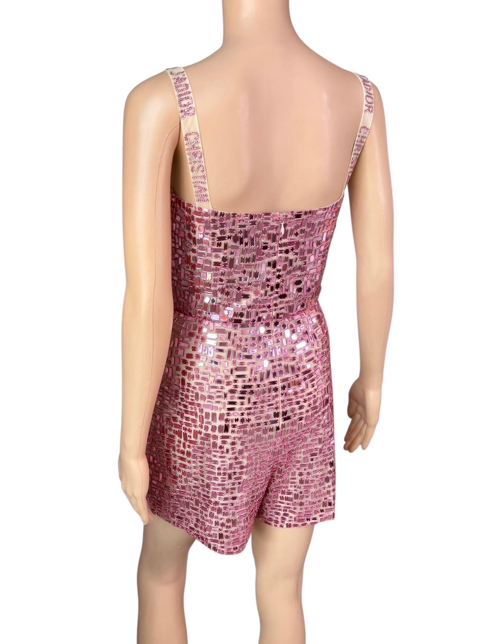 Christian Dior S/S 2018 Runway Embellished Mirror Logo Pink Jumpsuit Romper For Sale 1