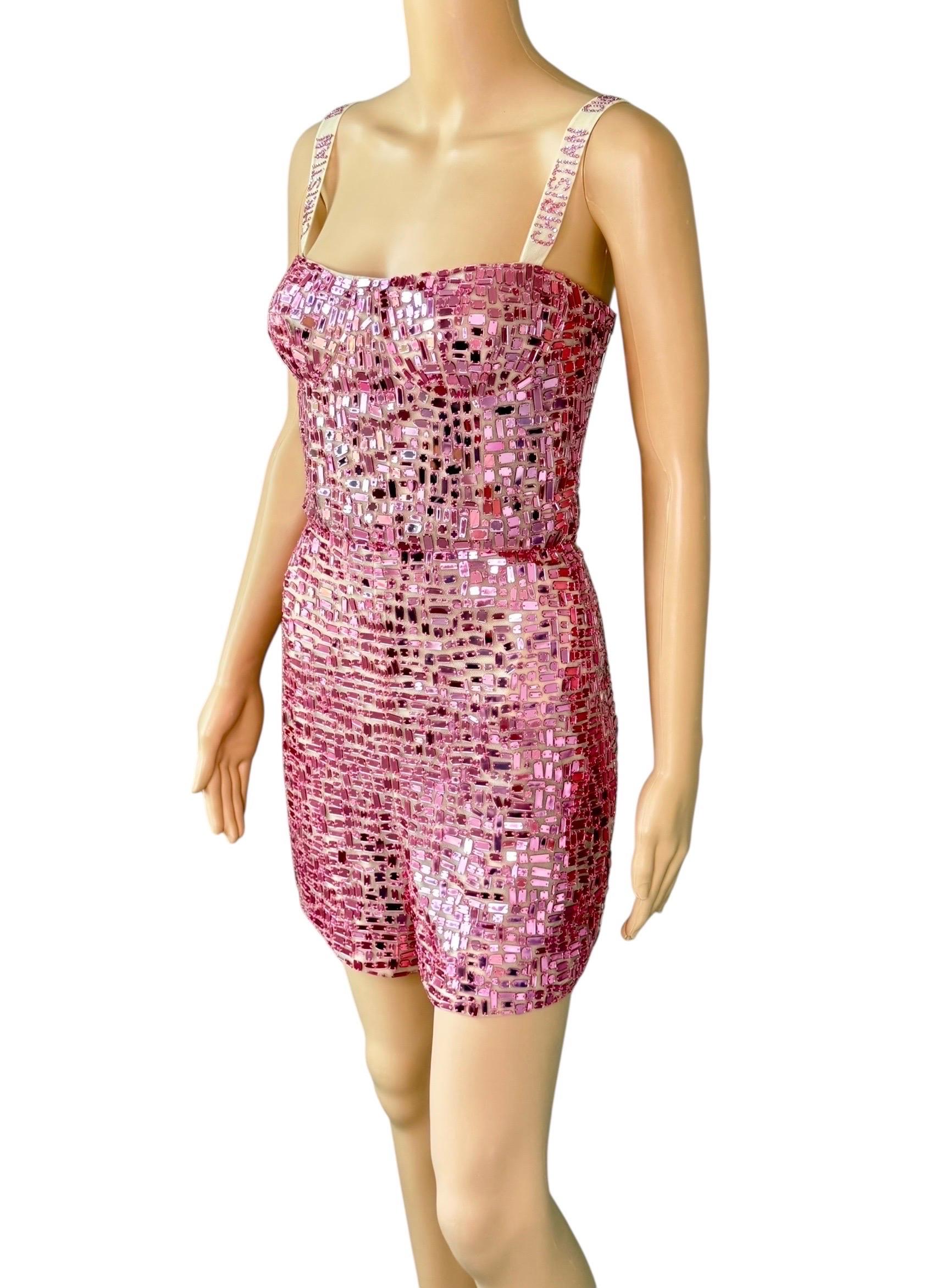 Christian Dior S/S 2018 Runway Embellished Mirror Logo Pink Jumpsuit Romper For Sale 2