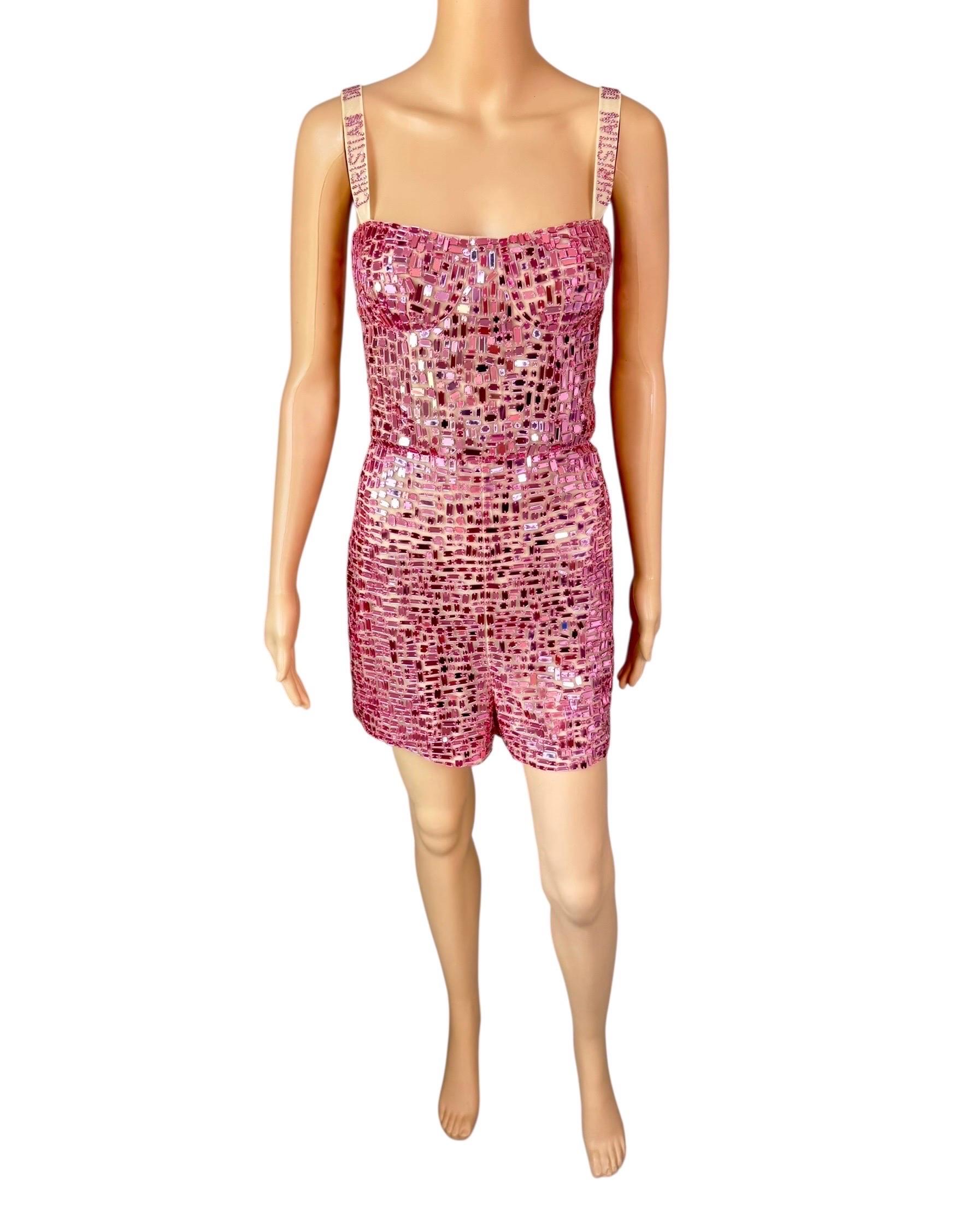 Christian Dior S/S 2018 Runway Embellished Mirror Logo Pink Jumpsuit Romper For Sale 4