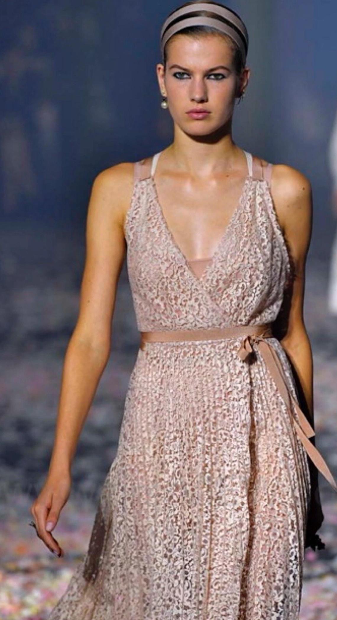 Beige CHRISTIAN DIOR S/S 2019 Exquisite Runway Blush Pink Lace Dress FR 38 For Sale