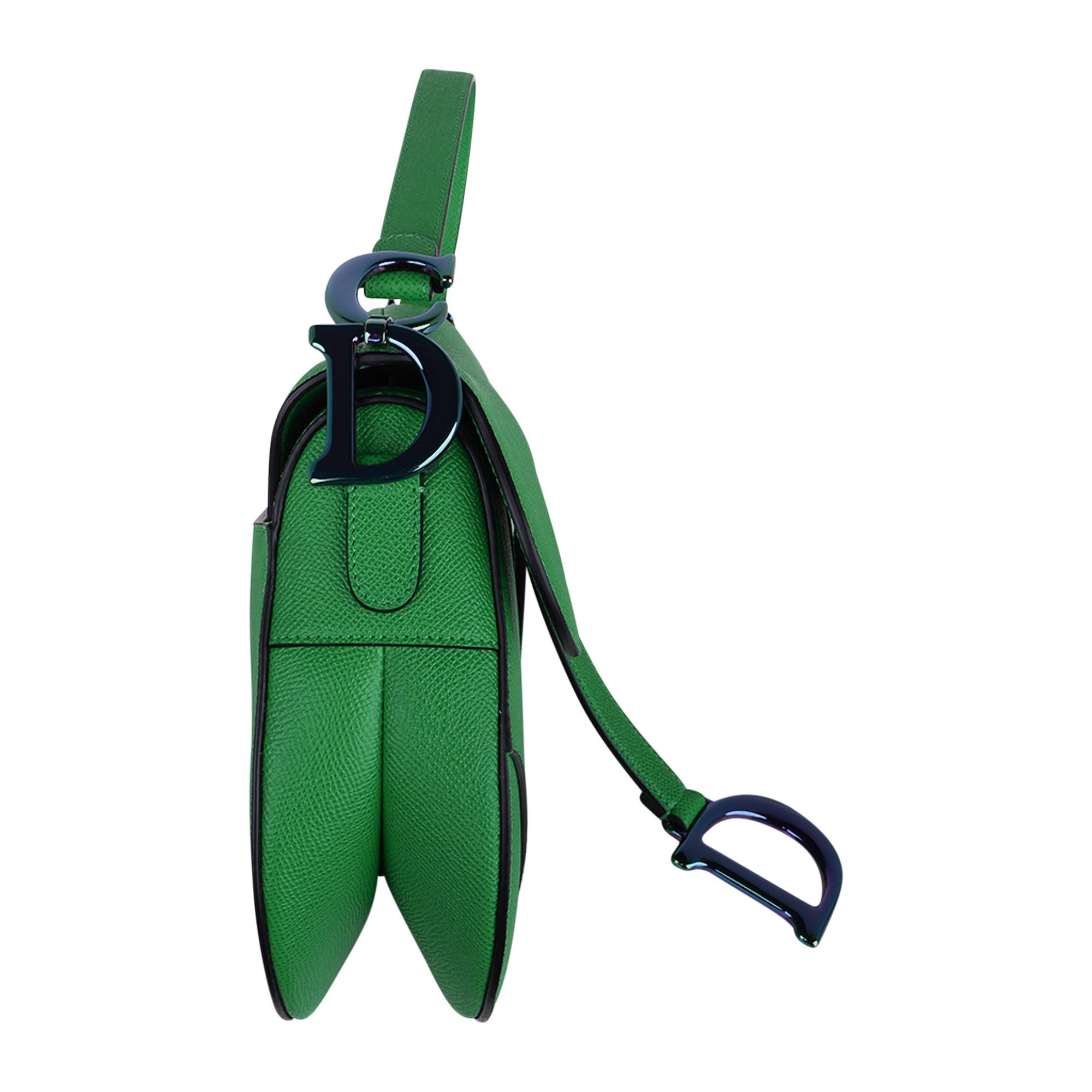 Christian Dior Saddle Bag Bright Green Calfskin Iridescent Hardware New w/ Box In New Condition In Miami, FL