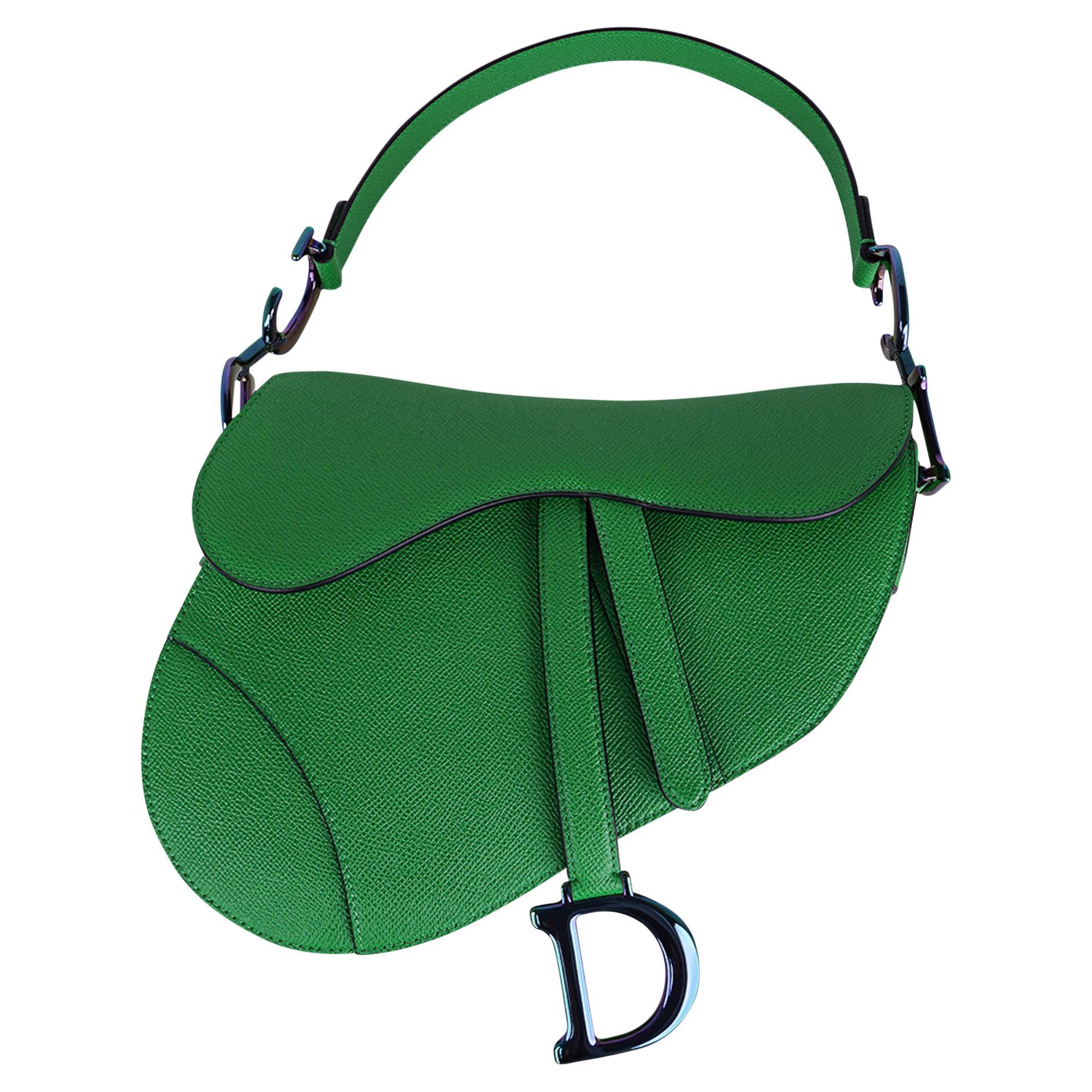 Christian Dior Saddle Bag Bright Green Calfskin Iridescent Hardware New w/  Box at 1stDibs