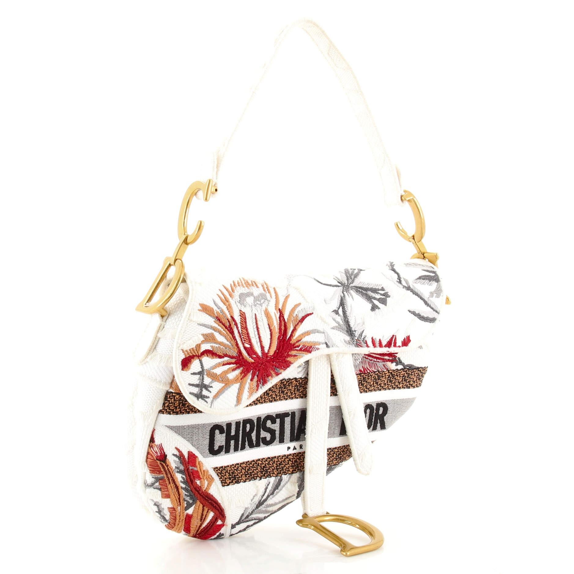 Beige Christian Dior Saddle Bag Logo Embroidered Canvas Medium