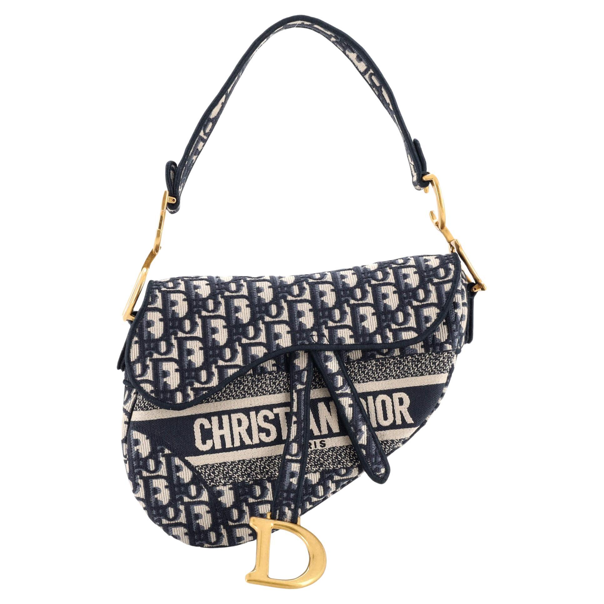 Christian Dior Saddle Handbag Logo Embroidered Oblique Canvas Medium For Sale