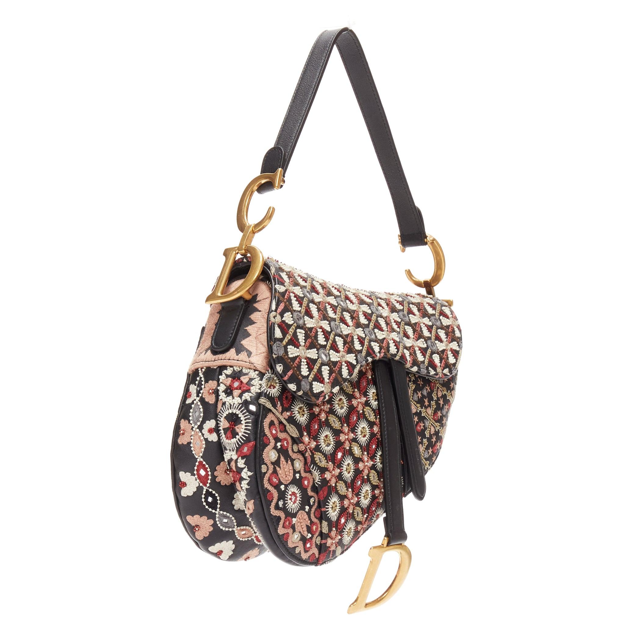 Black CHRISTIAN DIOR Saddle Limited Edition black colourful ethnic beads shoulder bag For Sale